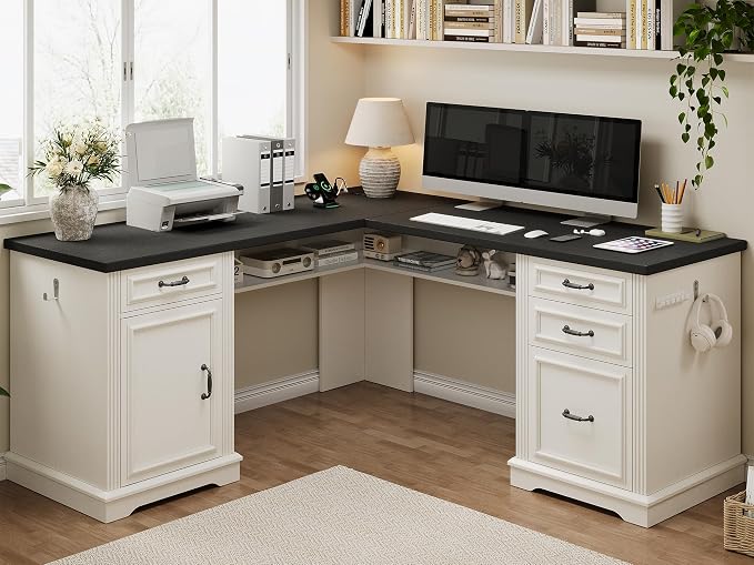 Farmhouse L-Shaped Desk with Charging Station