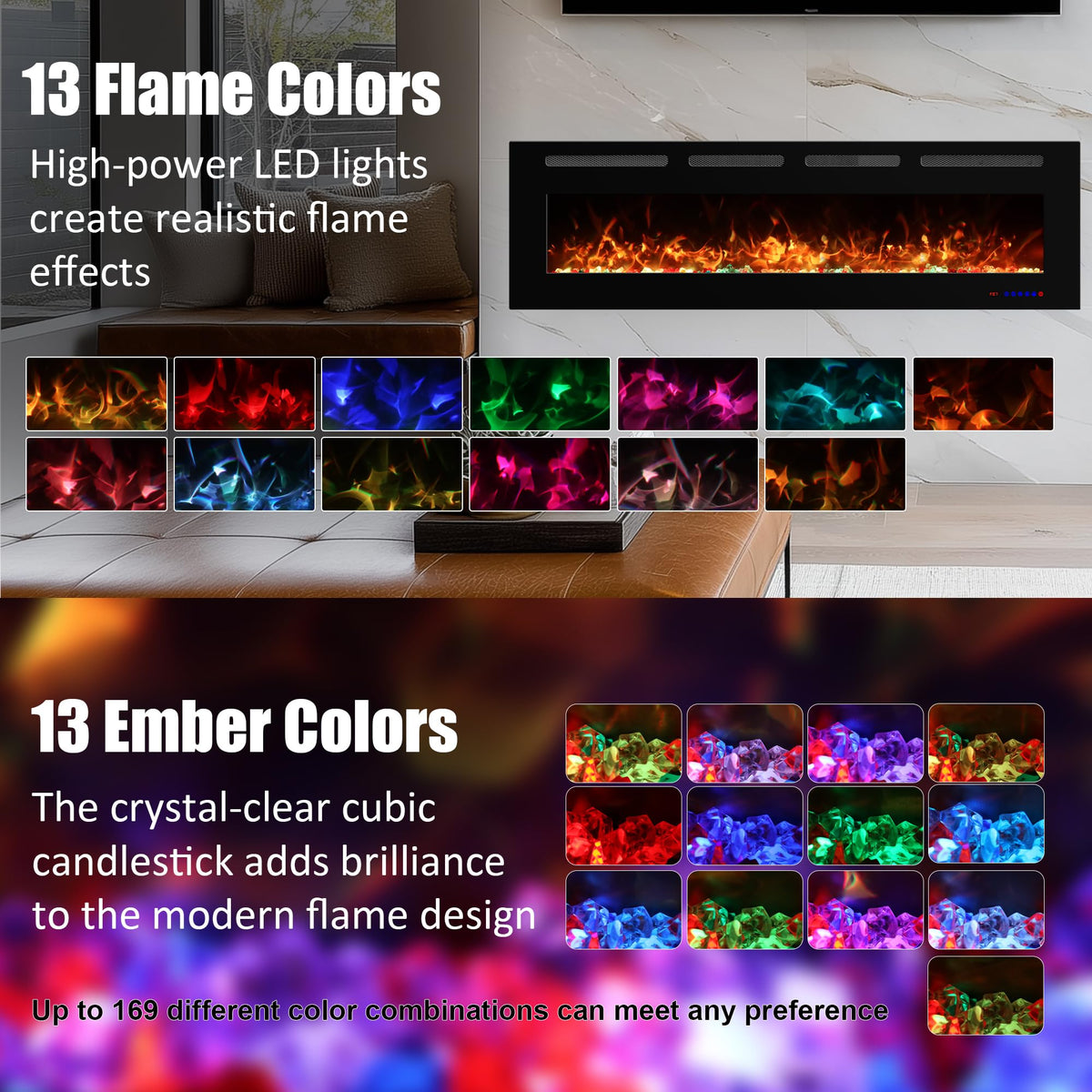 Vinemount 72" Electric Fireplace Insert Ultra-Thin, Recessed & Wall Mounted, Fireplace Heater with Adjustable Flame & Fuel Bed Color, 5 Flame Speeds & Brightness, 750/1500W, Timer