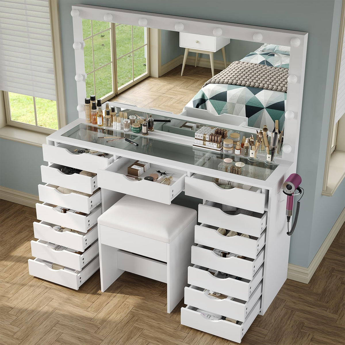 15-Drawer LED Makeup Vanity with Stool