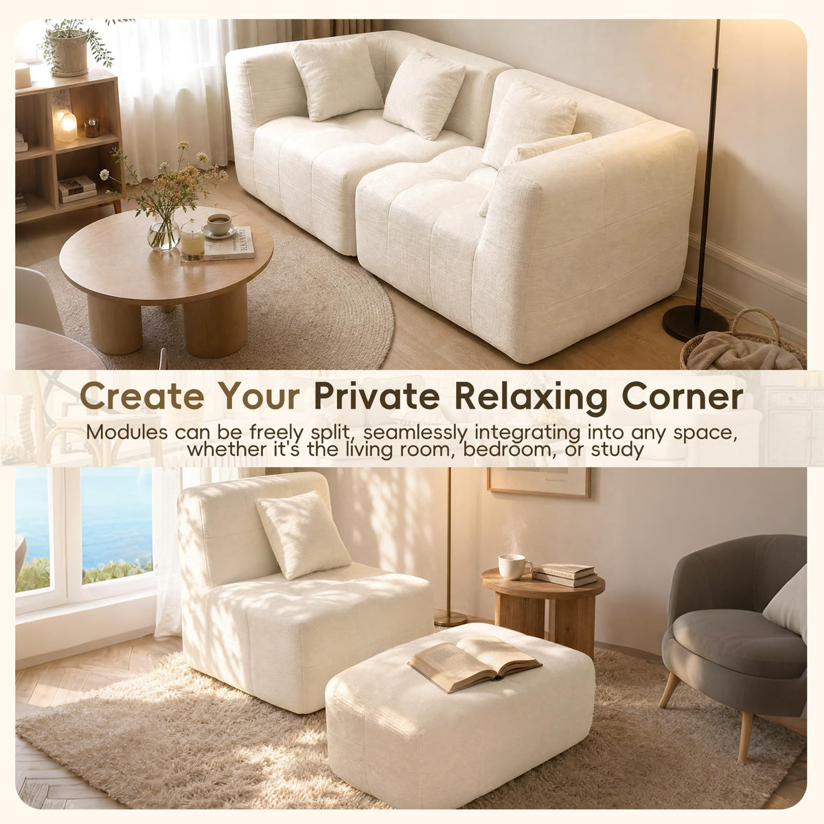 XVD 110" Boneless Couch, Modular Sectional Sofa with Deep Seat, Off White