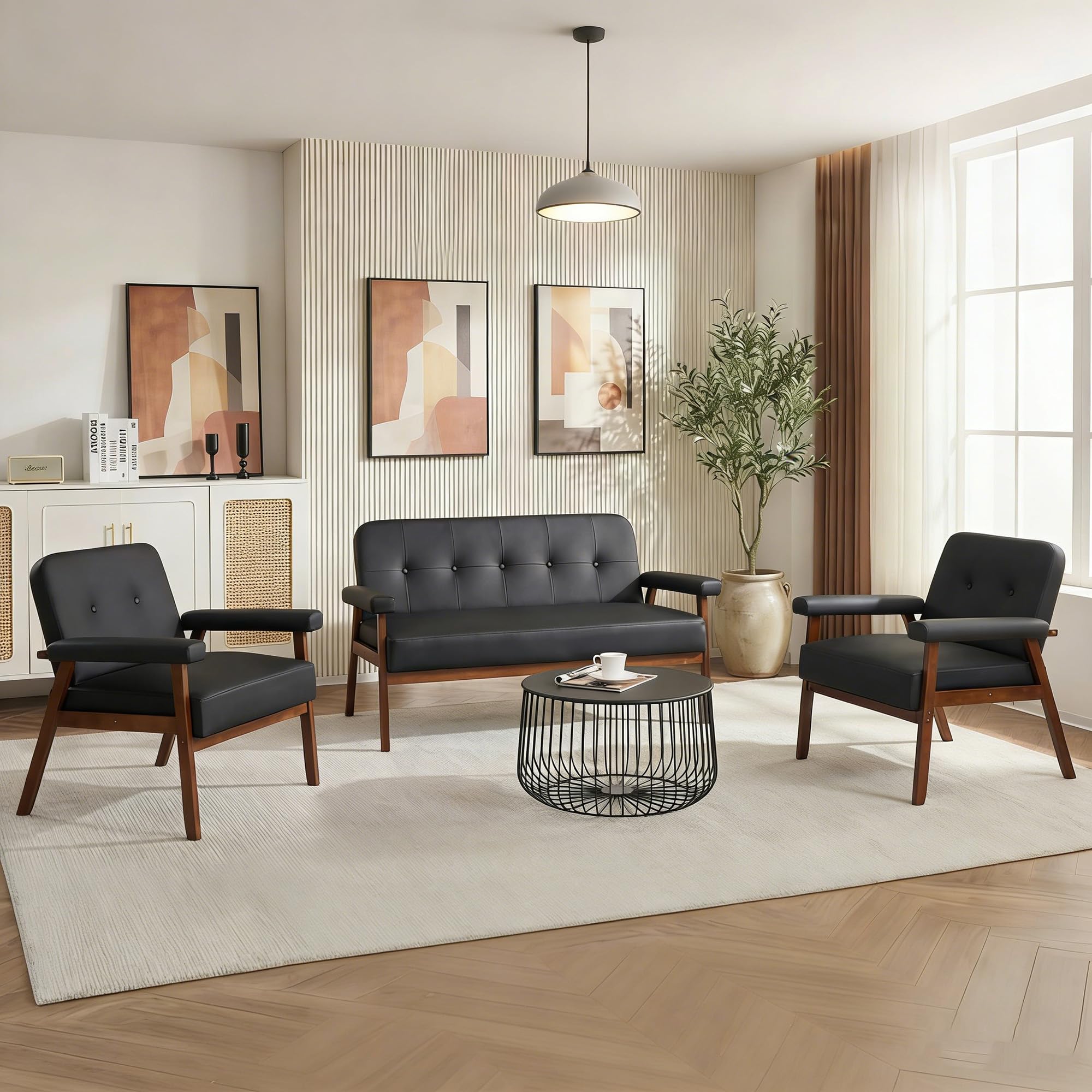 STHOUYN Accent Chairs Set of 2, Black Leather Chair with Wood Frame, Upholstered Tufted Reading Arm Chair, Mid-Century Modern Comfy Living Room Chair, Side Chairs for Living Room, Waiting Room (2)