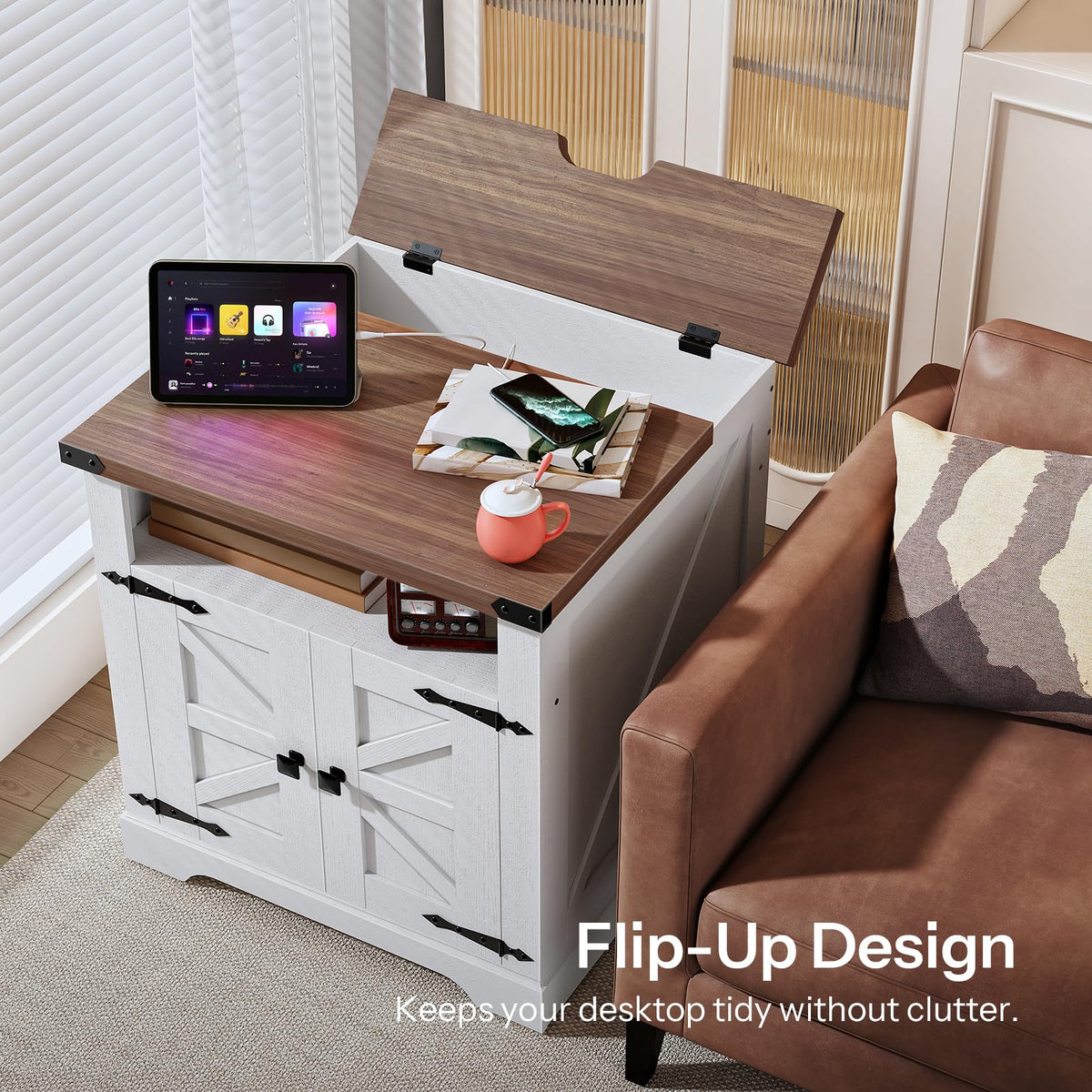 HOOBRO Farmhouse End Table Set of 2 with Charging Station, Large Side Table