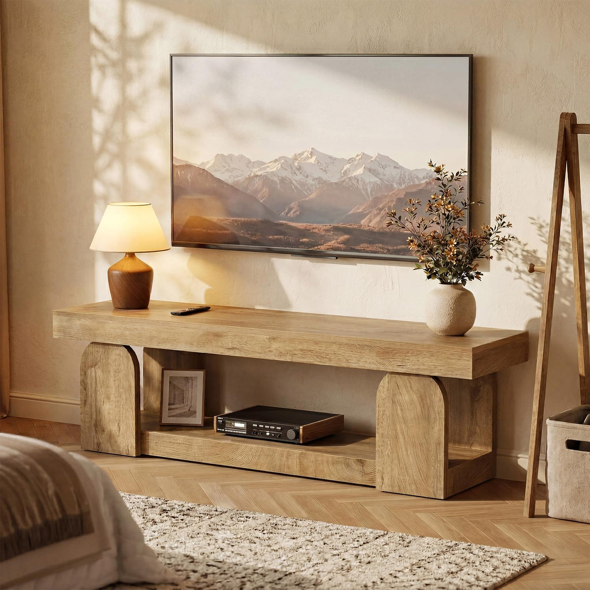 Tribesigns 63" TV Stand for TVs up to 65", Farmhouse Entertainment Center with Open Storage Shelf, Wood TV Media Console Television Stand for Living Room, Bedroom, Natural