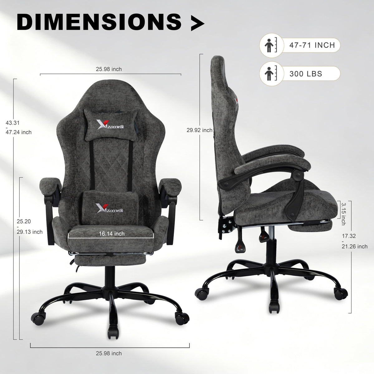 Grey Fabric Gaming Chair with Footrest