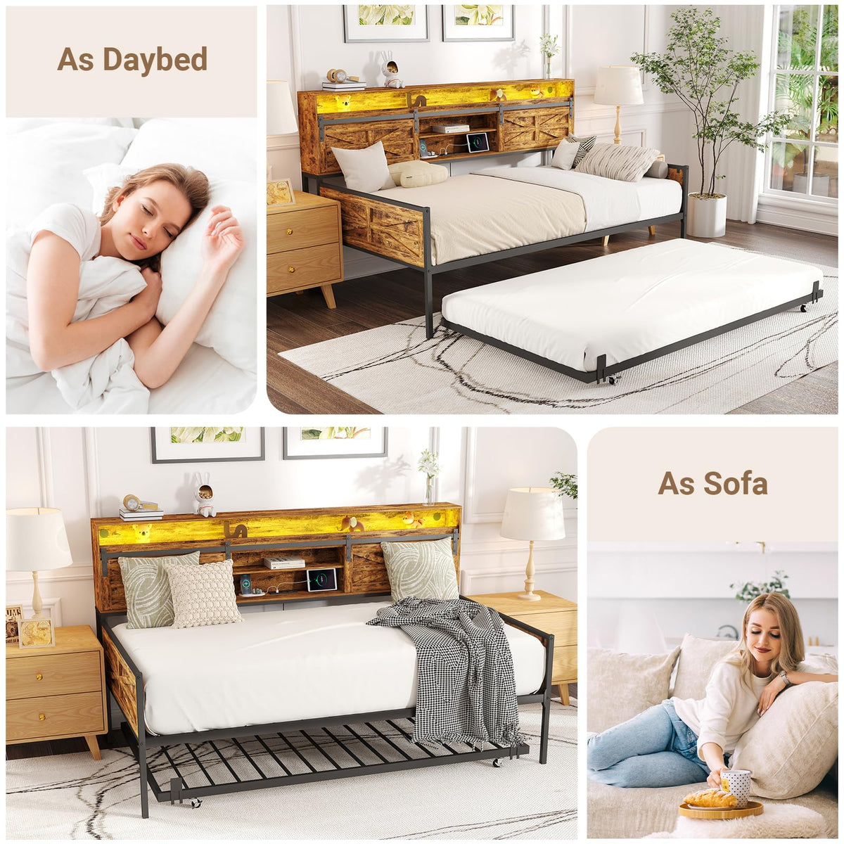 Zevemomo Twin Daybed with Trundle Bed, Rustic Farmhouse Daybed Frame