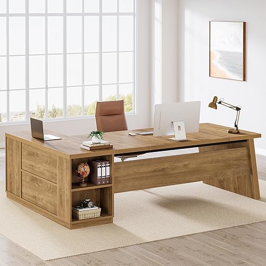 L-Shaped Executive Desk with Drawers & File Cabinet