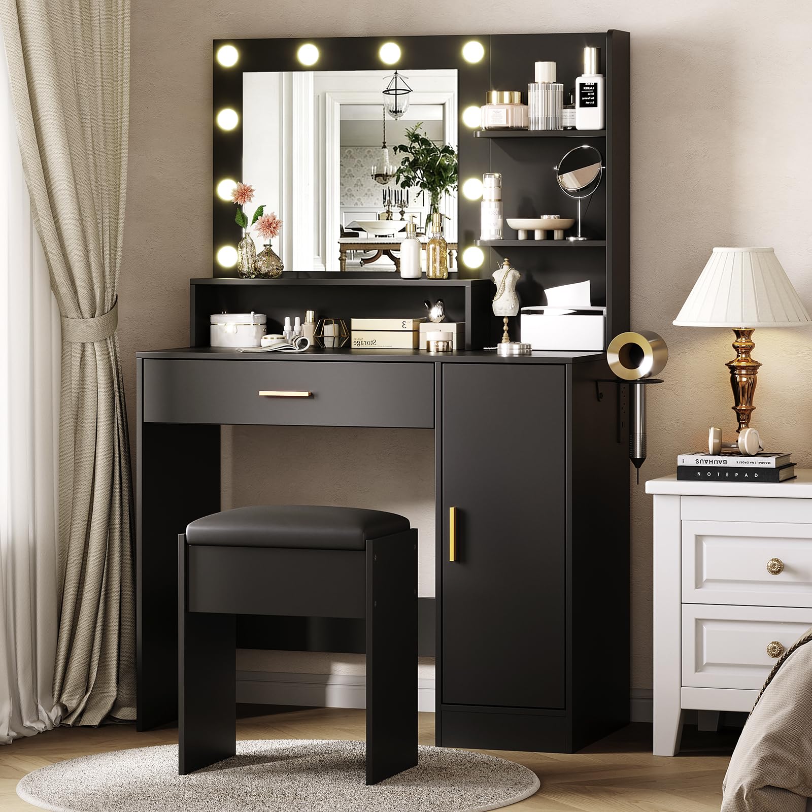 Garvee Vanity Desk with Mirror and Light, Makeup Dressing Table with Large Drawers and 3-Level Storage Dresser, 3 Lighting Modes Adjustable Brightness, Modern Vanity Set for Bedroom, Black