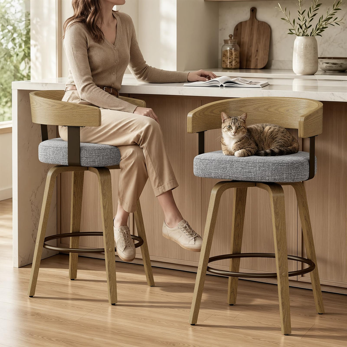 REONEY Swivel Bar Stools Set of 2, 26" Counter Height Barstools, Grey Linen