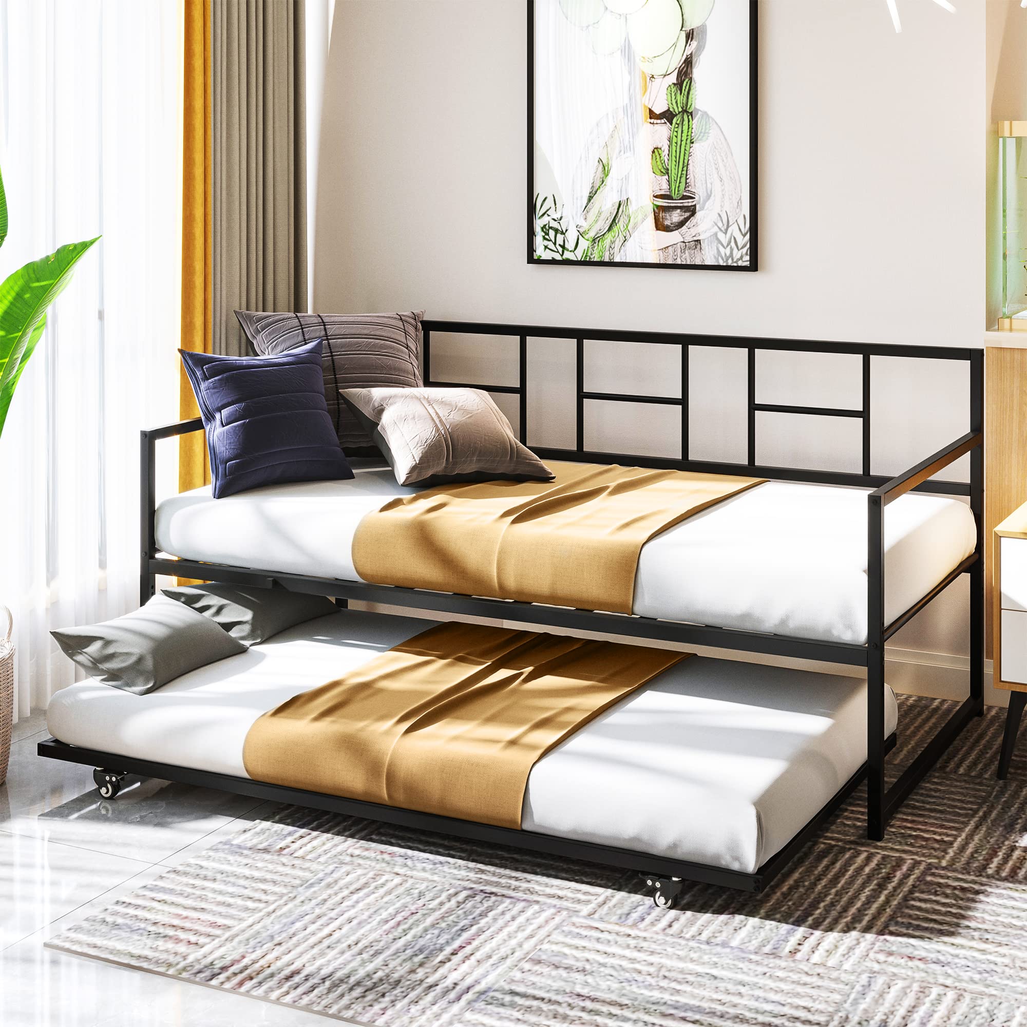 YITAHOME Daybed with Trundle, Adjustable Height Twin Daybed with Pull Out Trundle, Sofa Bed Couch with Steel Slat Support for Living Room and Guest Room, Black