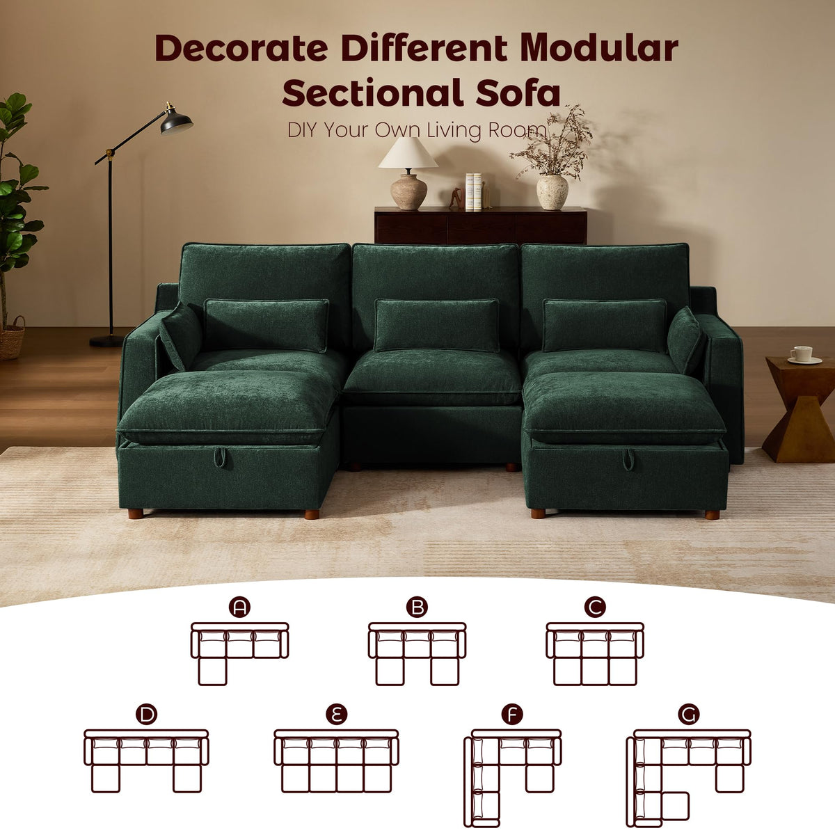 WorthFurni Modern Modular Sectional Sofa,103" U Shape Minimalist Couch with Storage Ottoman,Comfty 4 Seat Sofa for Living Room,Green Chenille