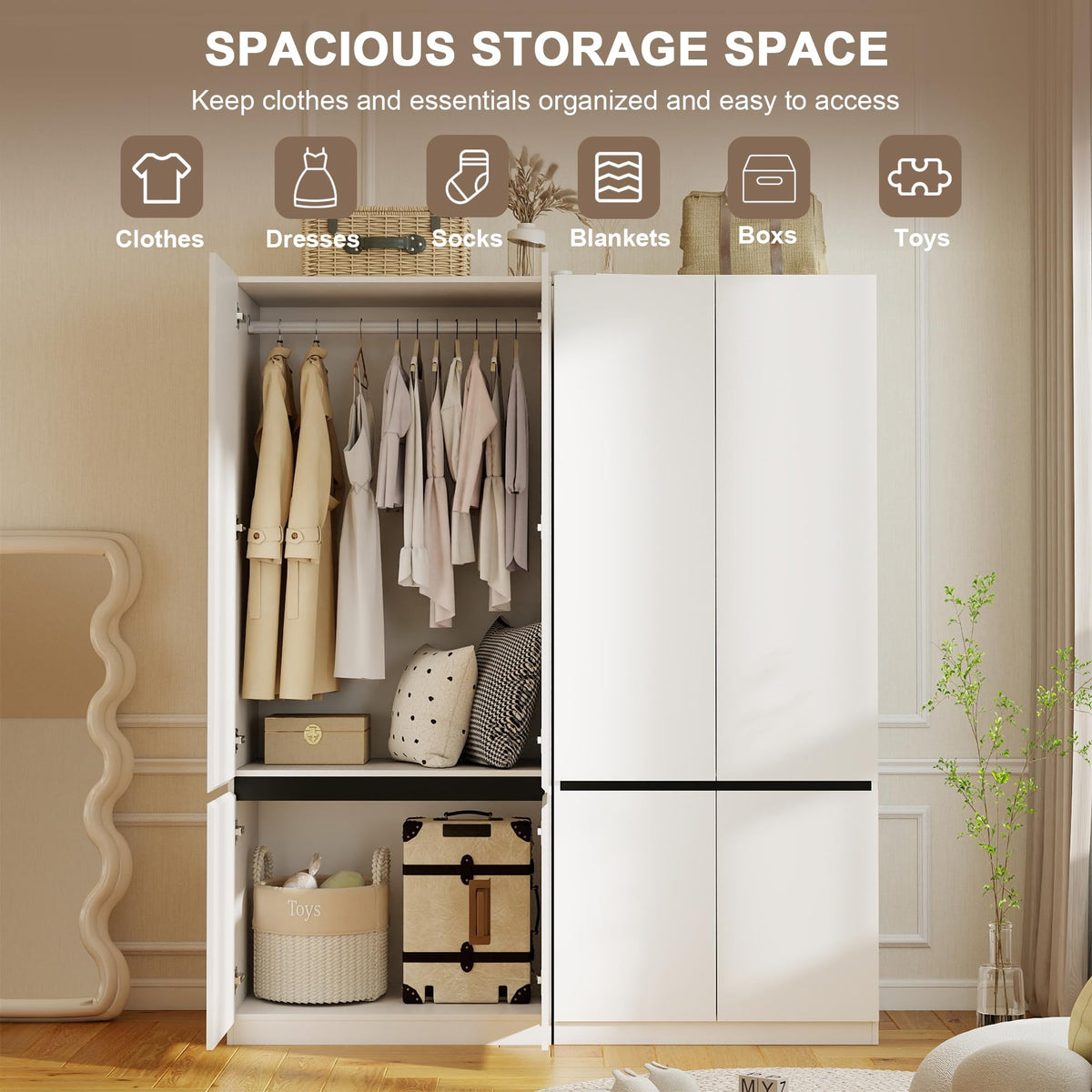 White Armoire Wardrobe Closet with 4 Doors, 74" Tall x 63" Wide