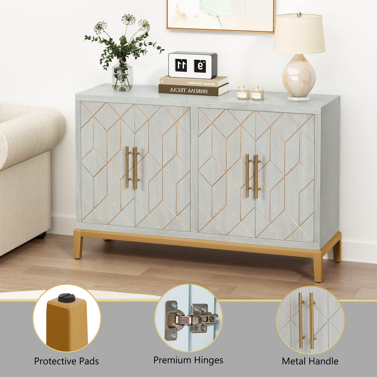 Green 4-Door Sideboard with Gold Trim