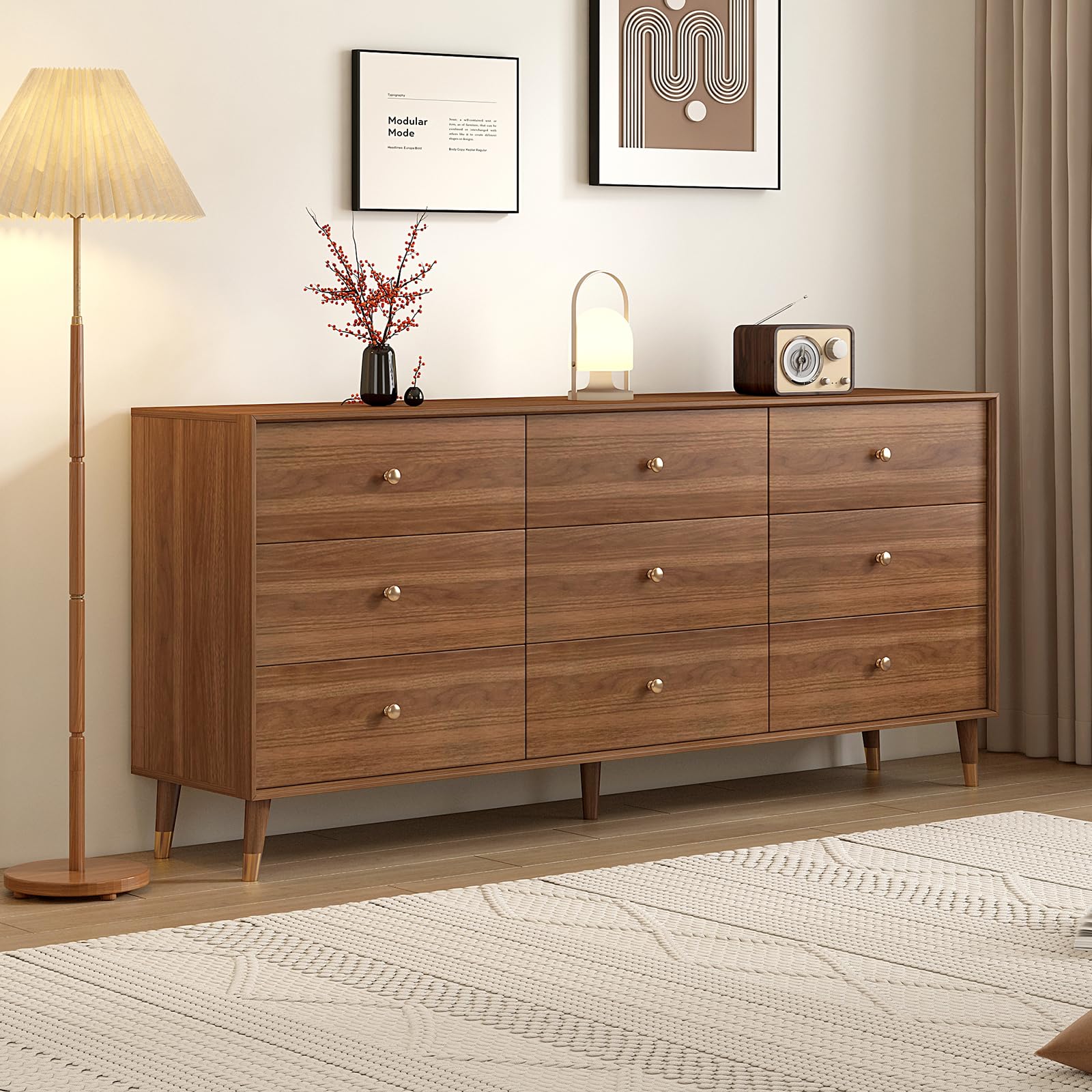 Messenya 9 Drawer Dresser for Bedroom, 63 Inch Walnut Dresser for Closet, Mid Century Wood Chest of Drawers with Natural Texture & Pre-Embedded Slots for TV Stand, Living Room, Hallway, Office