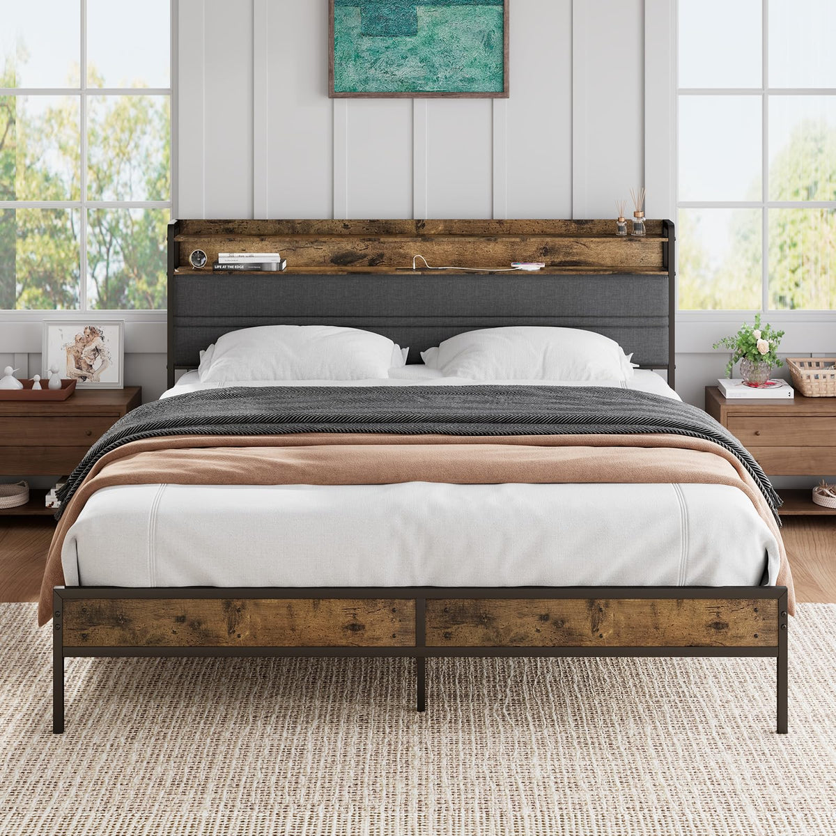 GRUSIGN Full Size Bed Frame with LED Light Storage Headboard and Charging Station,Platform Bed with Grey Upholstered Headboard，No Box Spring Needed, Noise Free, Easy Assembly