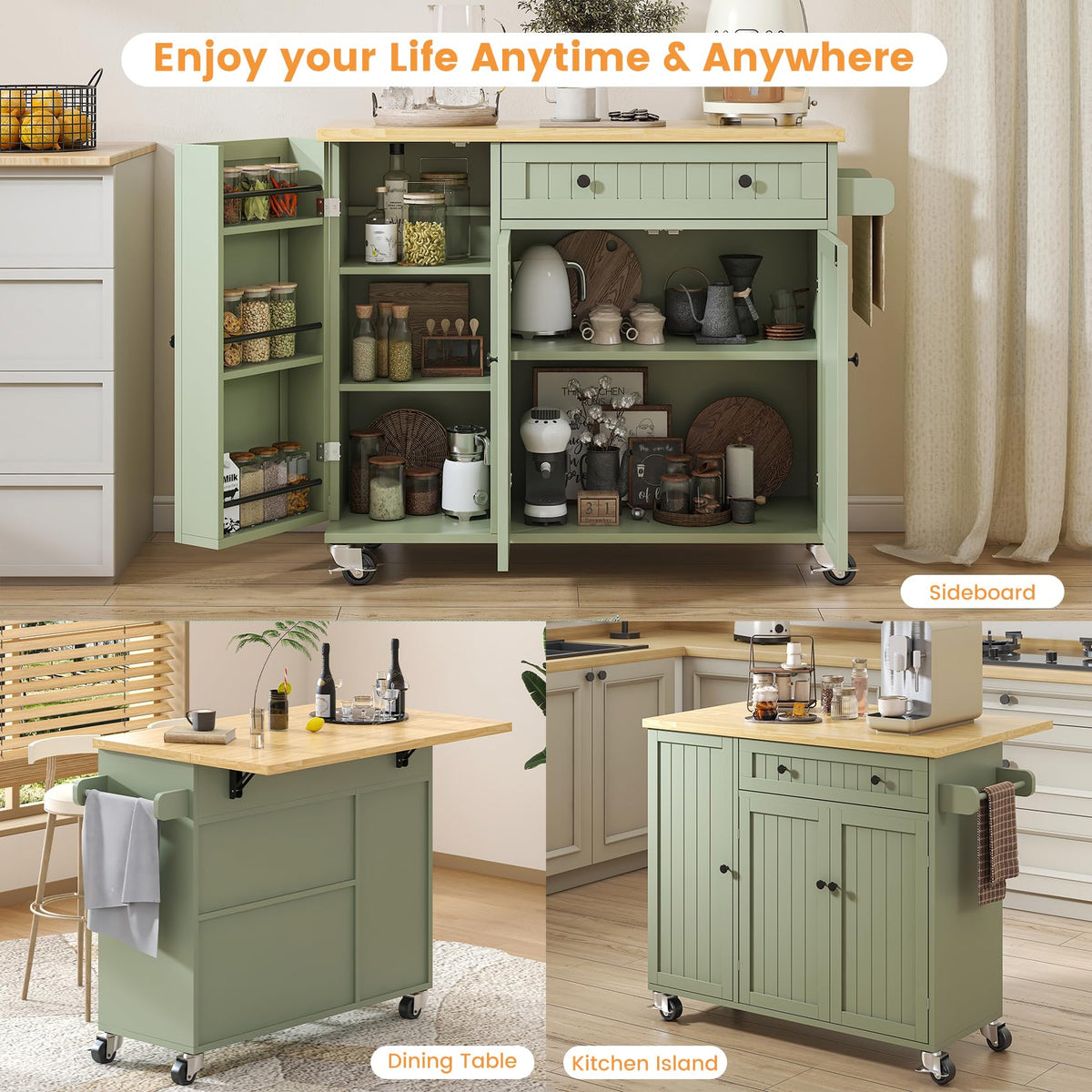 Bigbiglife Kitchen Island with Drop Leaf, Island Table on Wheels with Storage Cabinet, Modern Sideboard Buffet with Doors, Rolling Kitchen Island Cart for Dinning Room,Green