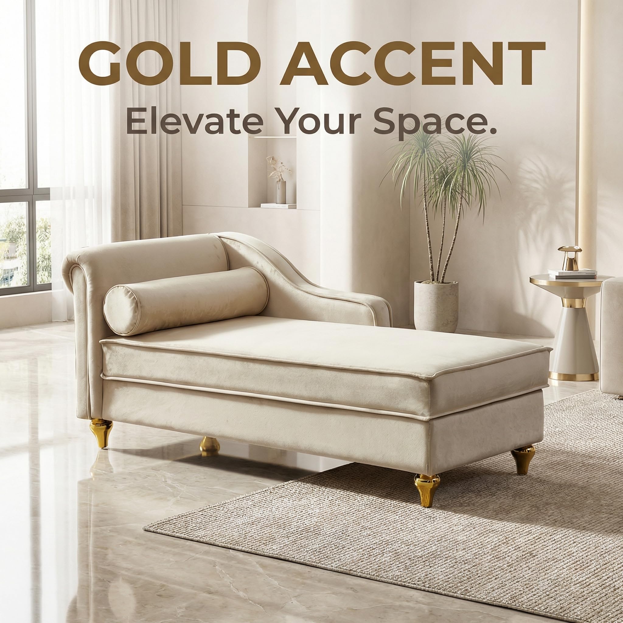 MYEYPEL 60.6''Velvet Chaise Lounge Indoor, Modern Velvet Lounge Chair with Left Armrest & Lumbar Pillow,Button Tufted Lounge Sofa with Storage for Bedroom, Living Room and Office，Beige