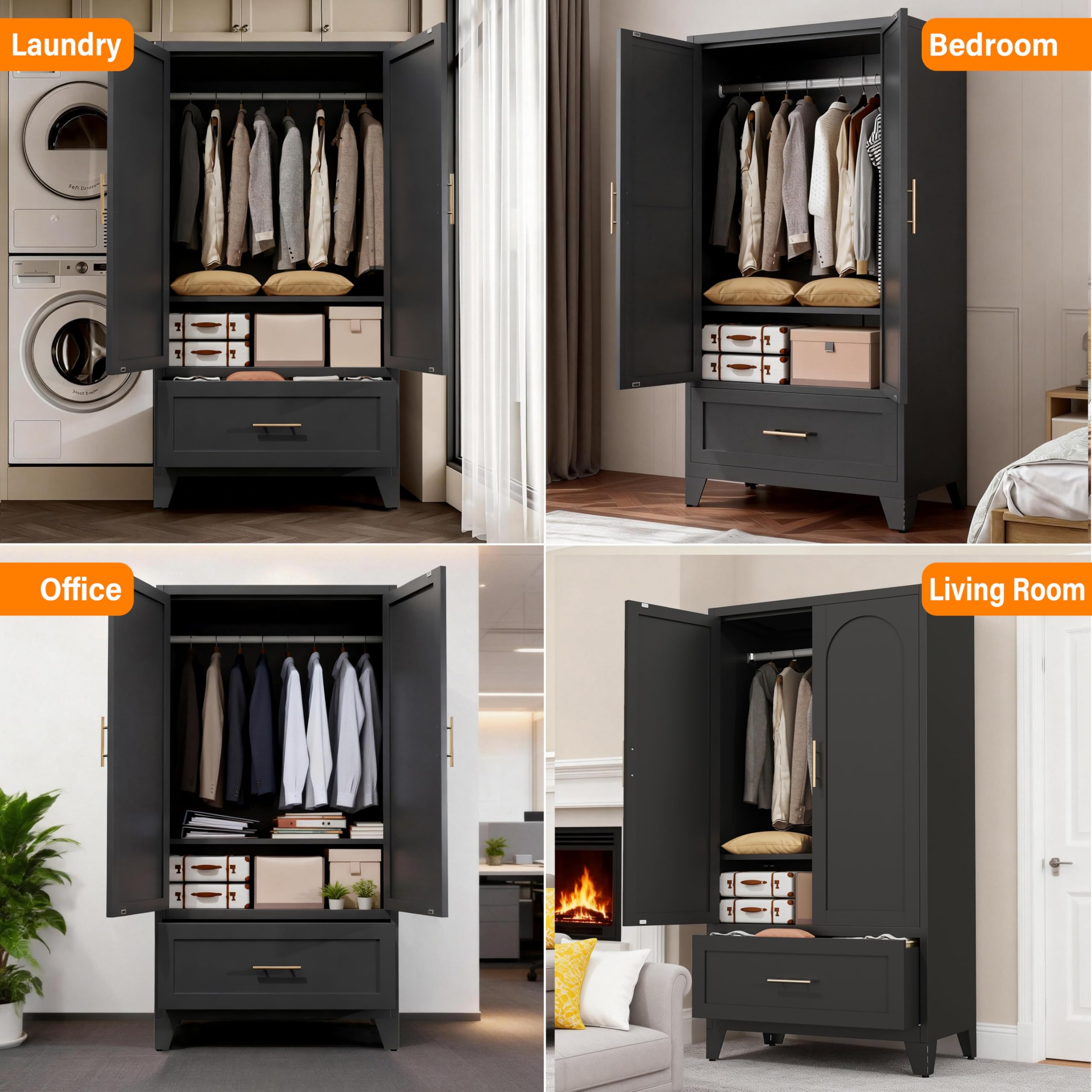 WOCFYK 60" Tall Metal Wardrobe Cabinet with 1 Drawer and Hanging Rod, 2 Doors Wardrobe Closet with Shelf for Bedroom, Office, Laundry Room,Entryway,Foyer,Guesthouse (Black)