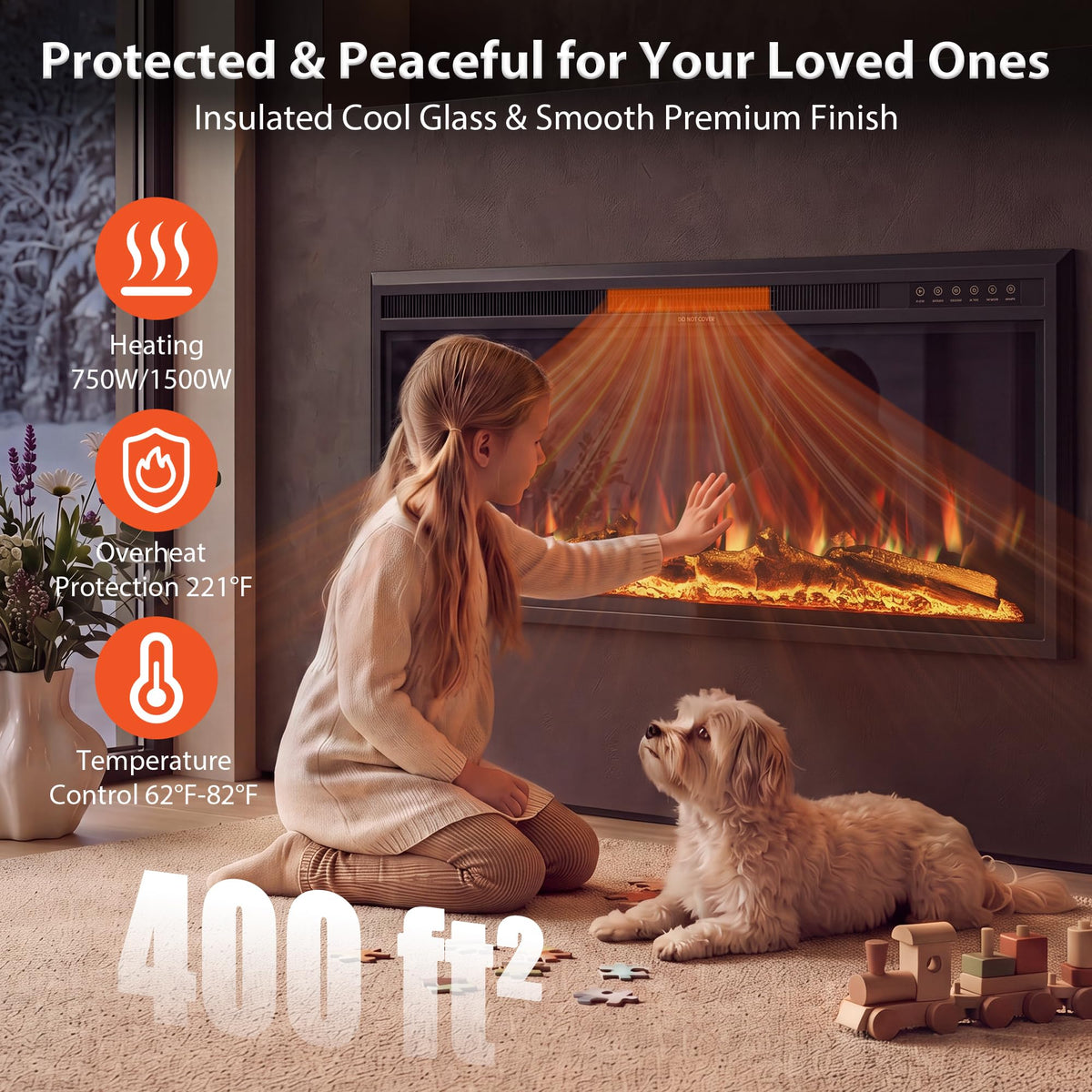 Nexfurn 42 Inch Electric Fireplace Heater, Recessed Wall Mounted