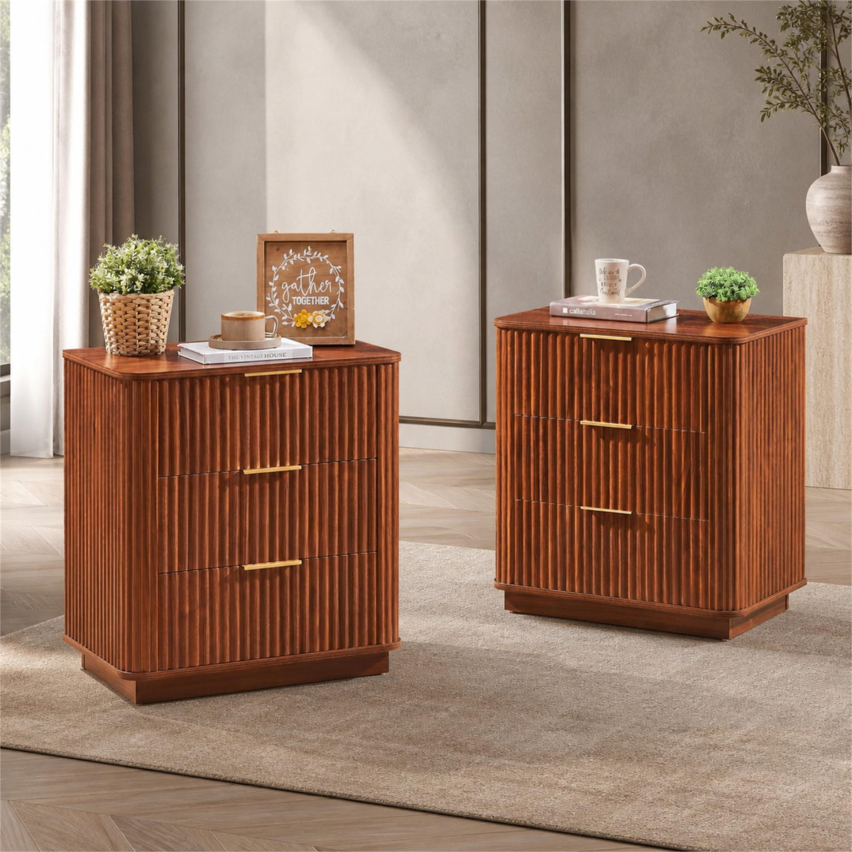 White 3-Drawer Nightstands, Set of 2