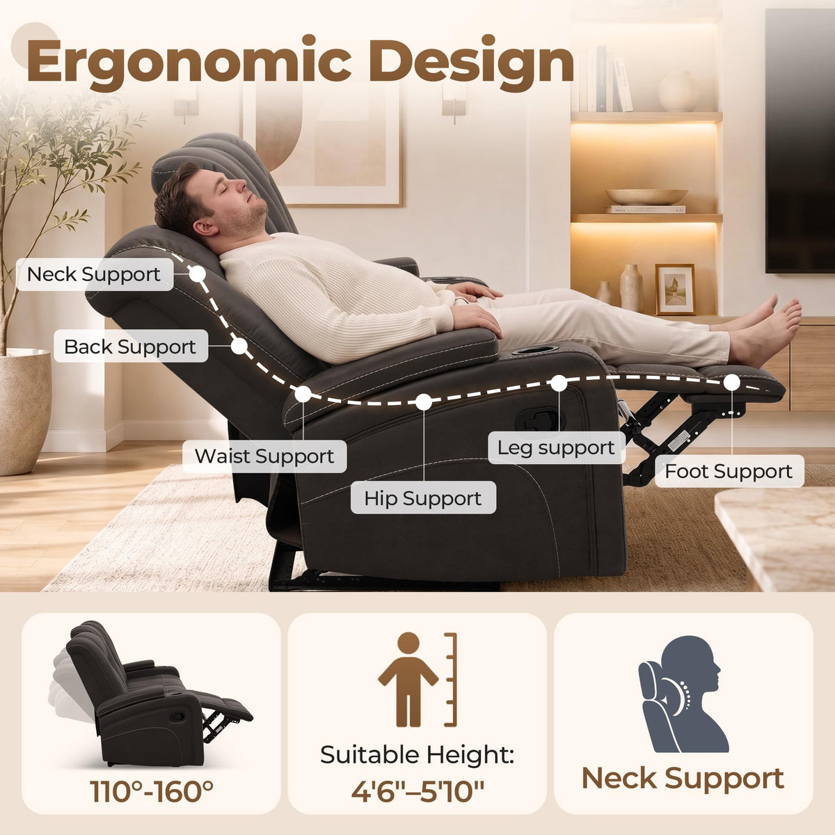 Oversized Recliner Sofa, Ergonomic 3-Seat Home Theater Seating