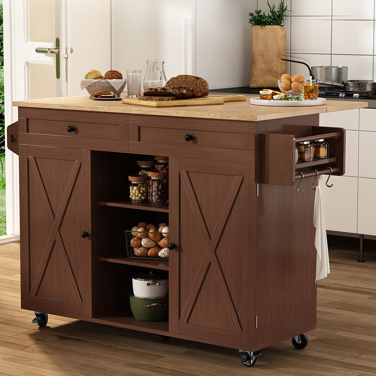 HLR Farmhouse Kitchen Island On Wheels, Brown