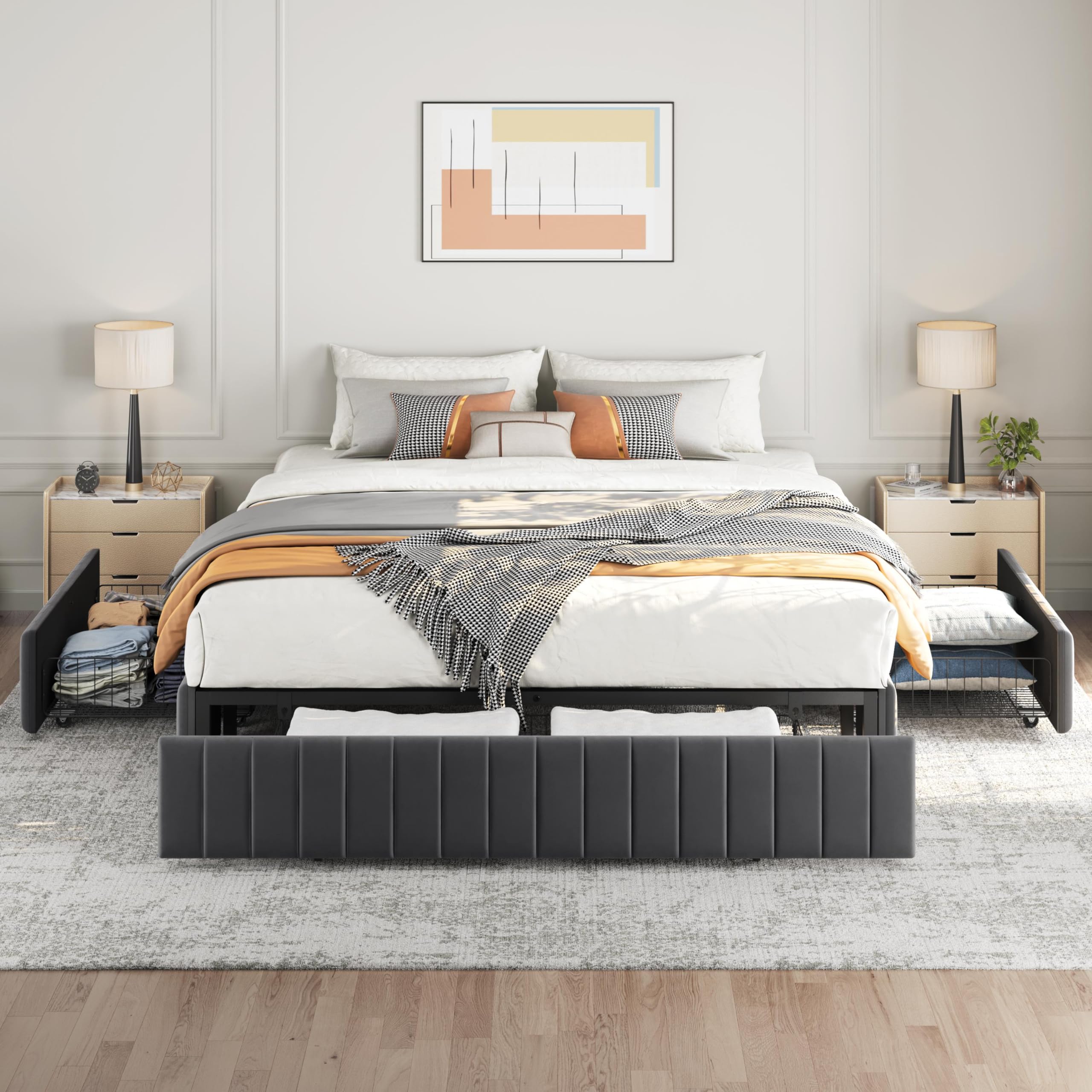 Upholstered Platform Bed with Storage Drawers