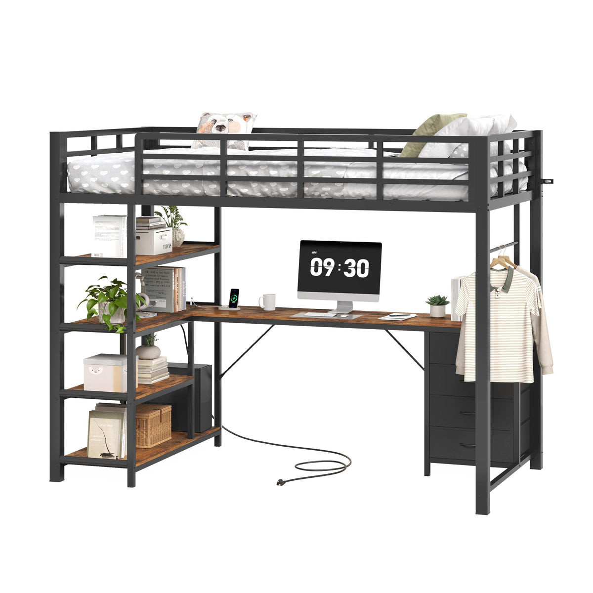 Metal Loft Bed with Desk & Storage