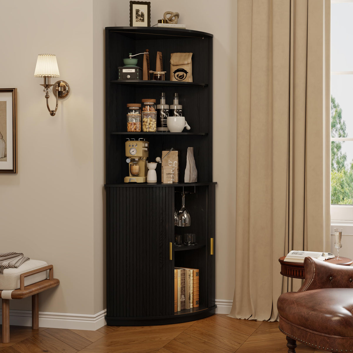 DHH 71" Tall Corner Bar Cabinet with LED Light & Wine Glass Holder(Black)