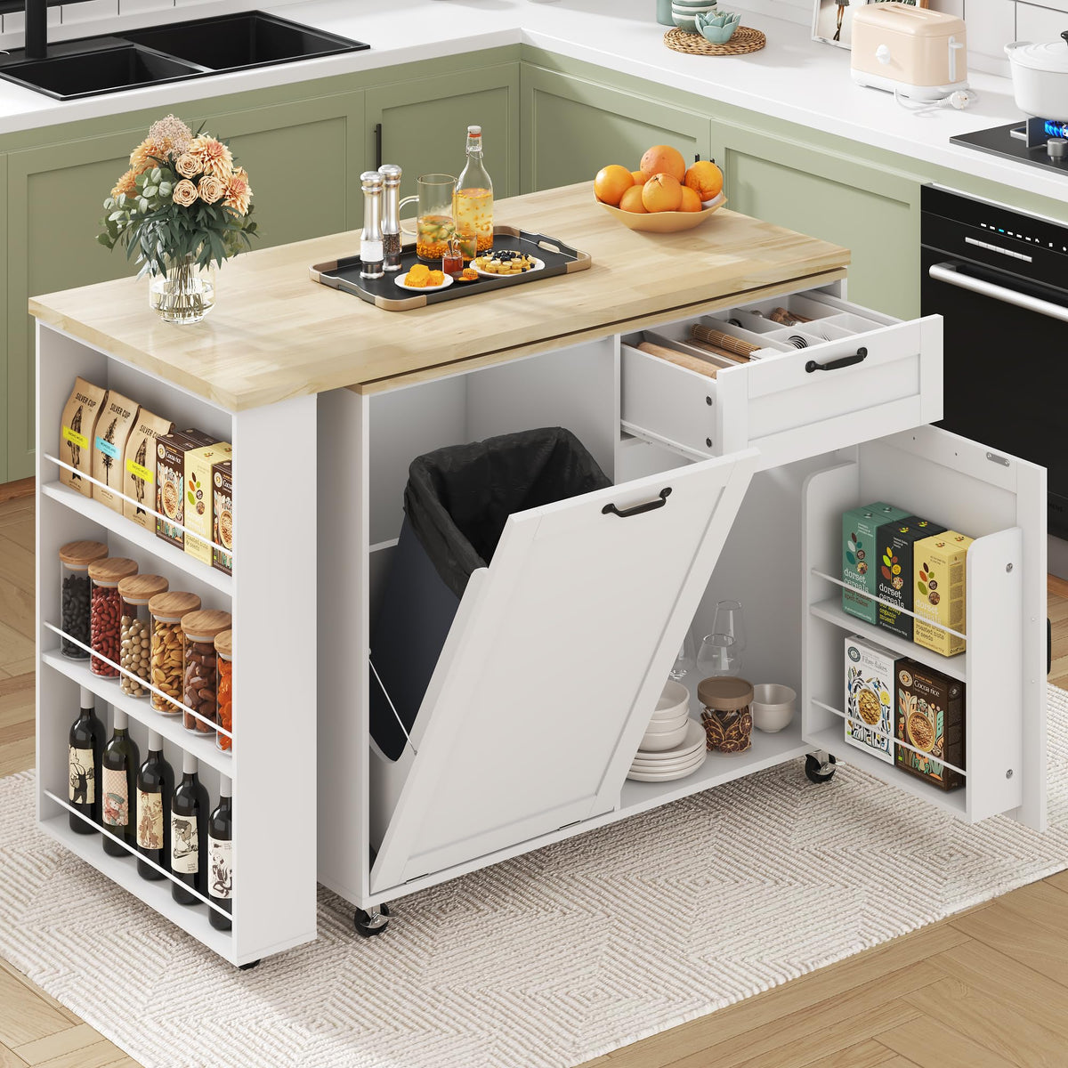 Rotating Kitchen Island with Trash Cabinet