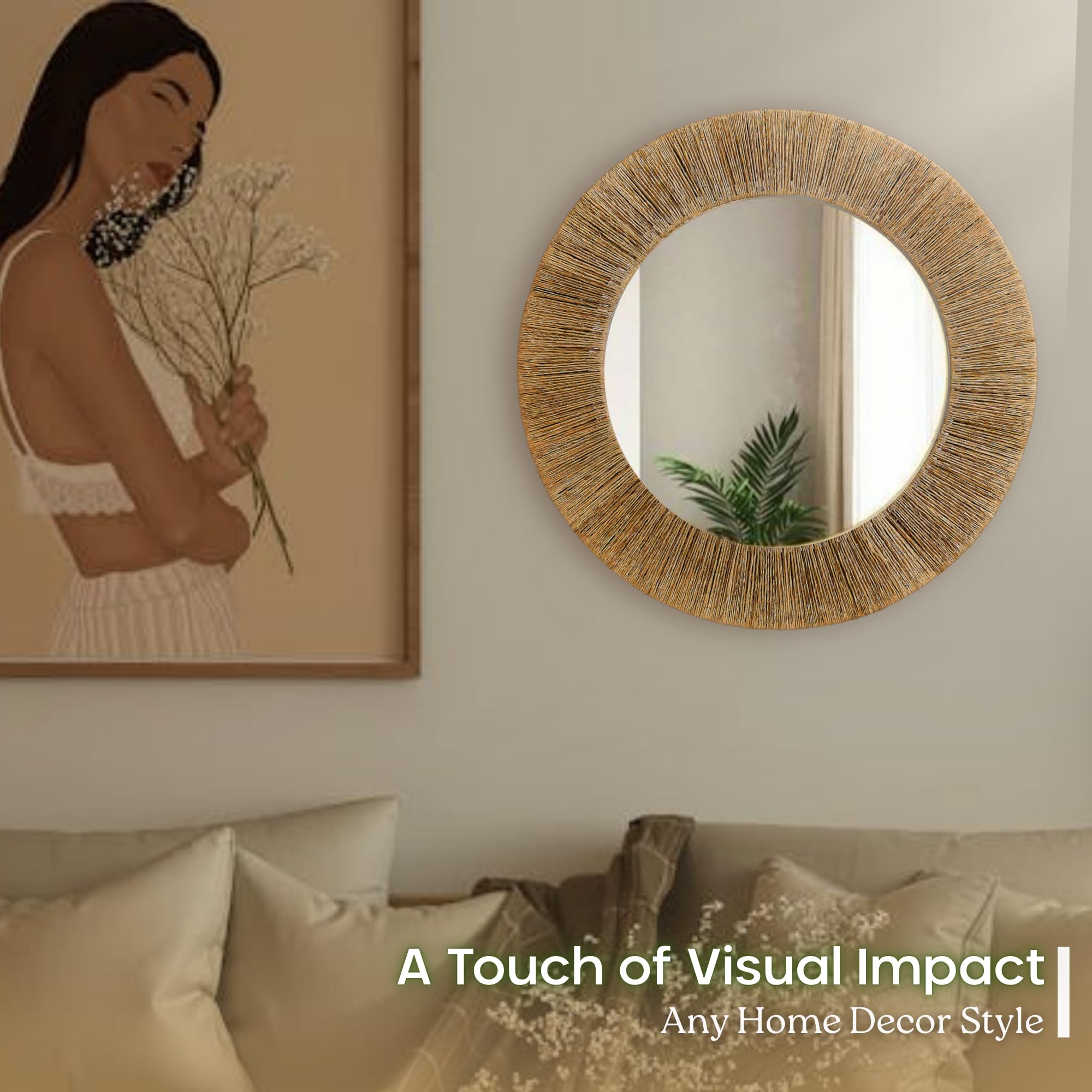 24-Inch Round Jute Wall Mirror with Metal Frame