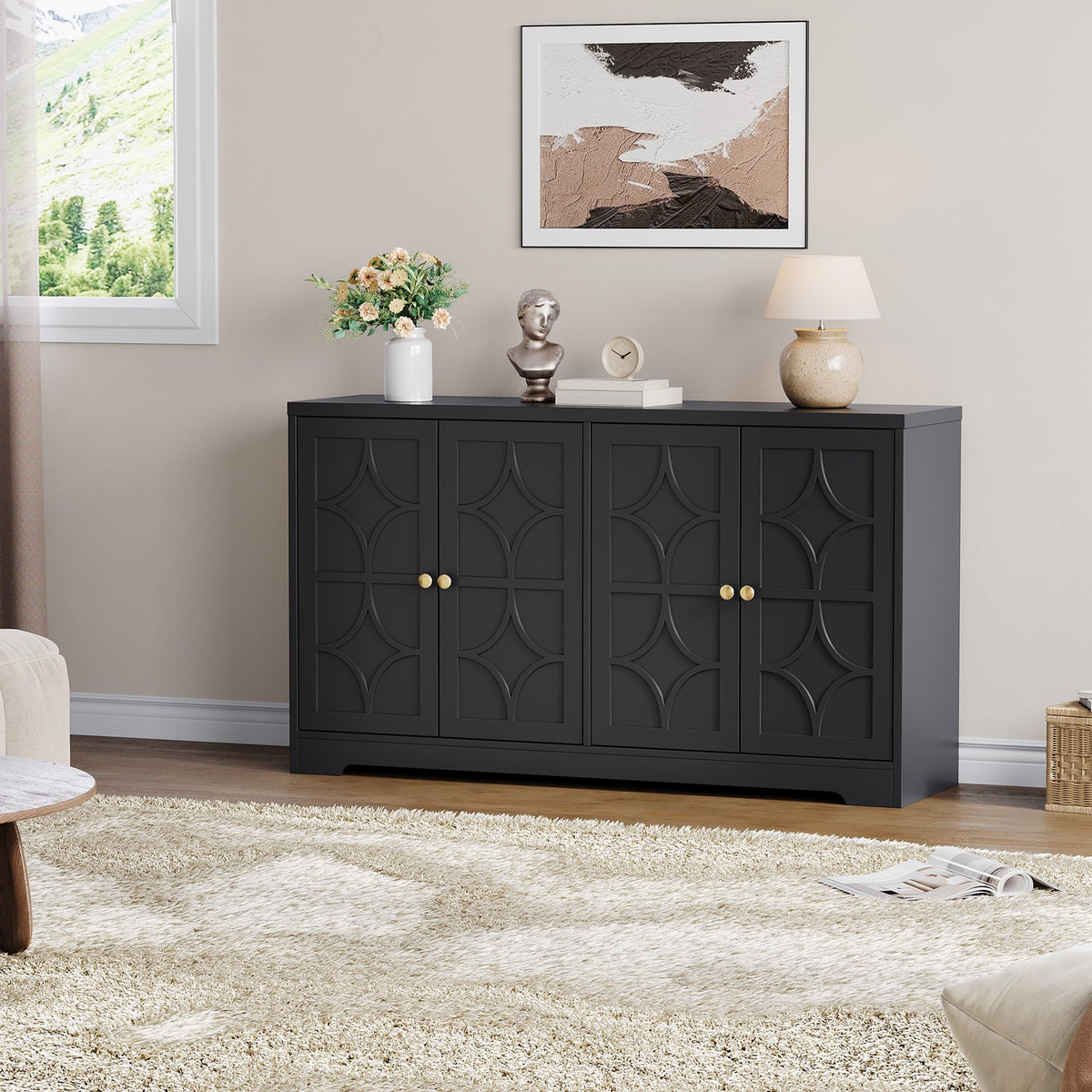 IDEALHOUSE Modern Sideboard Buffet Cabinet, 55" Buffet Storage Cabinet with Adjustable Shelves, Wood Coffee Bar Cabinet with Storage for Kitchen, Dining Room, Living Room, Black