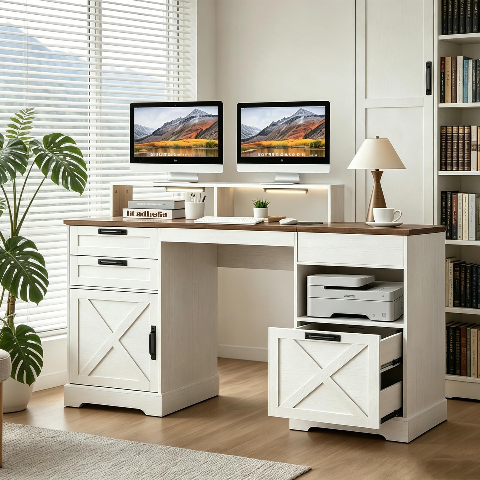 JanflyHome Executive Desk with Lift Top, 63" Computer Desk with Sensor Lights, Charging Station, File Drawers & Farmhouse Design for Home Office (White)