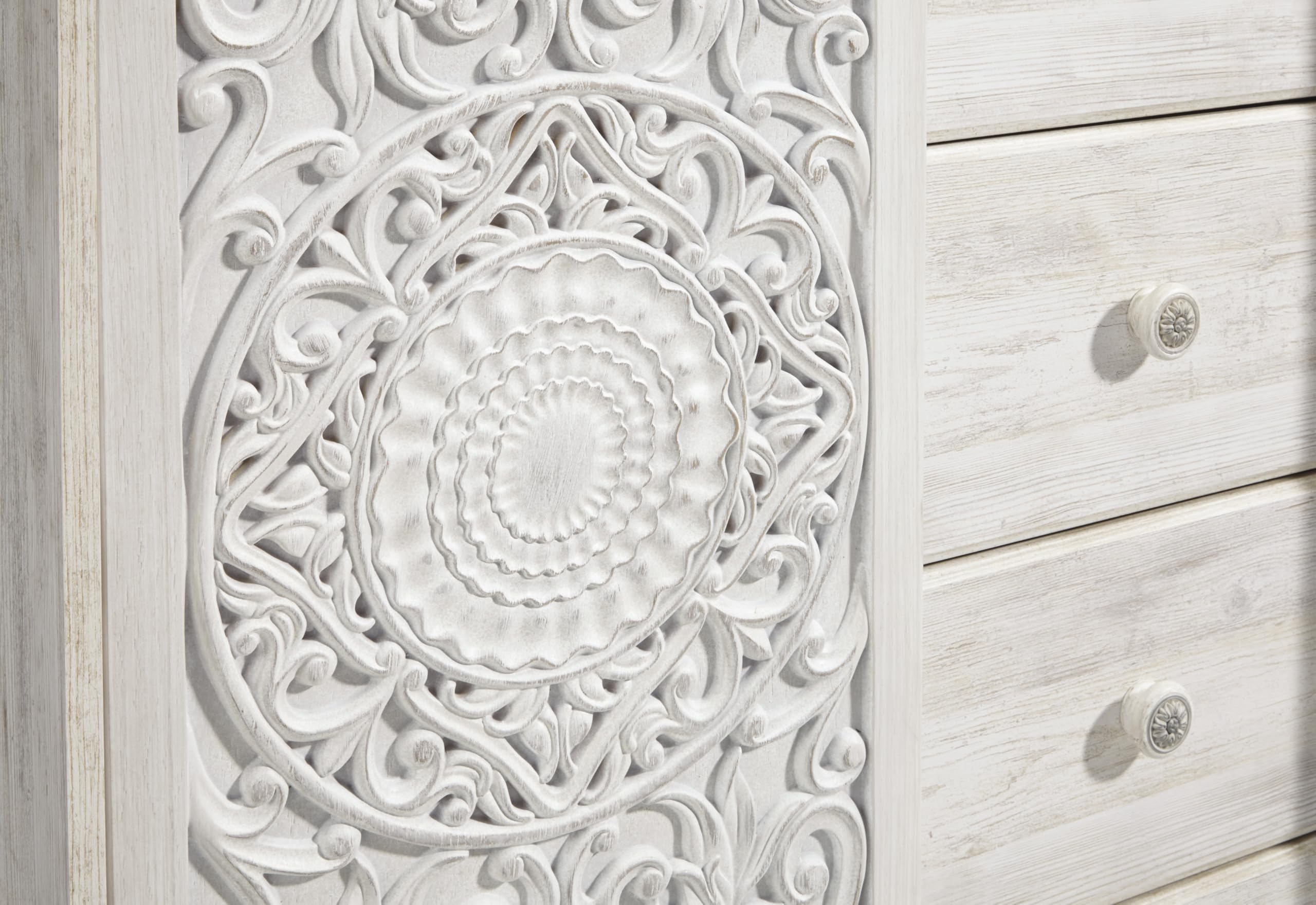 Signature Design by Ashley Paxberry Boho 5 Drawer Dressing Chest with Slider Door & 3 Adjustable Shelves, Whitewash