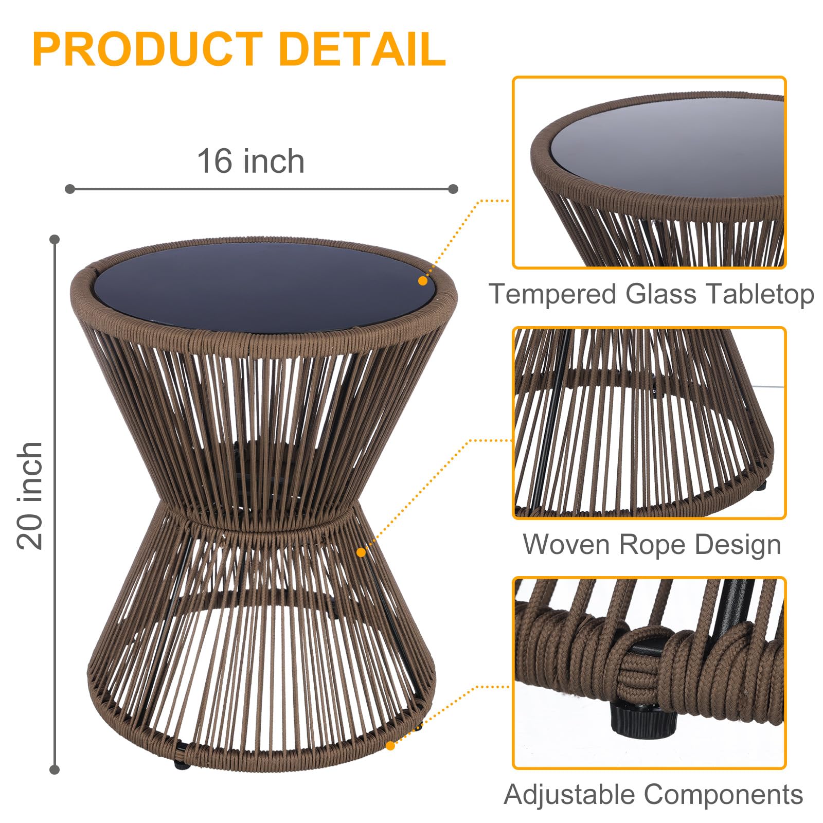 Woven Rope Round Side Table with Glass Top