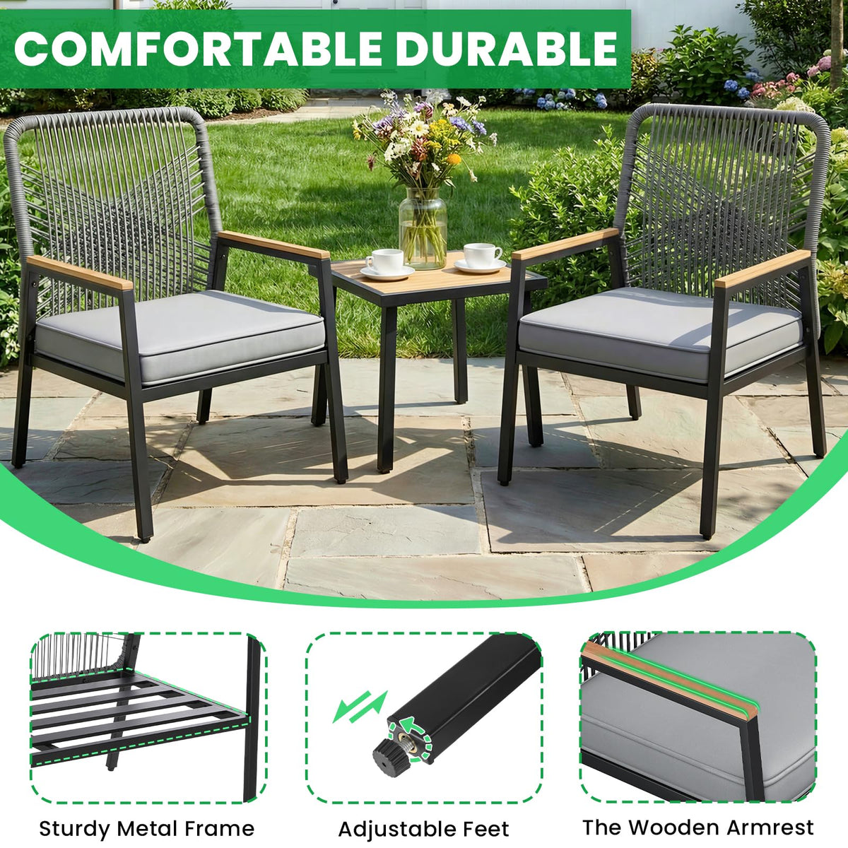 LIFERUN 3-Piece Rattan Patio Set with 2 Chairs and Table, Gray