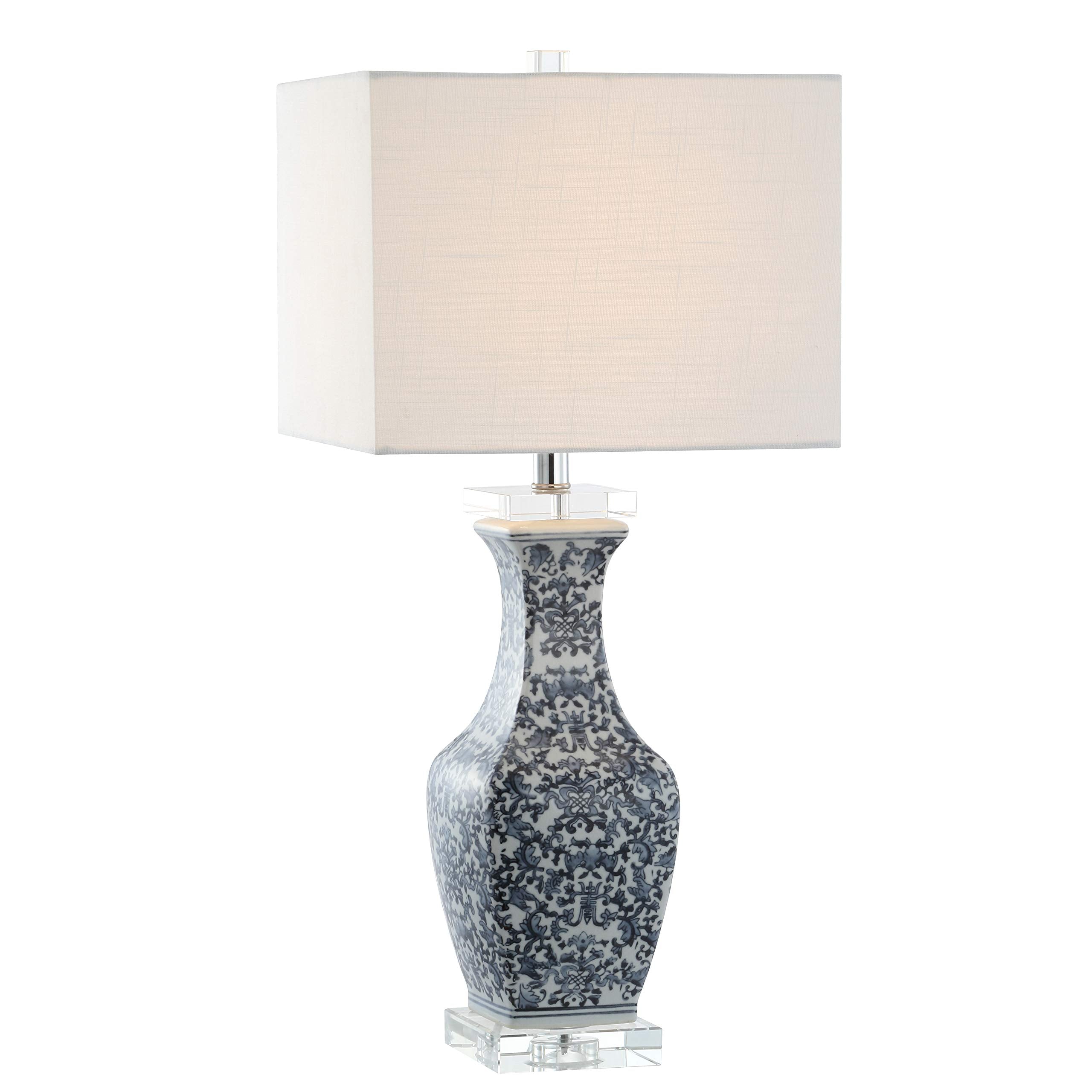 JONATHAN Y 28" Blue and White Ceramic LED Table Lamp, Chinoiserie Hand-Painted Pattern with Crystal Base, White Square Linen Shade for Bedroom, Living Room, LED Bulb Included JYL5046A