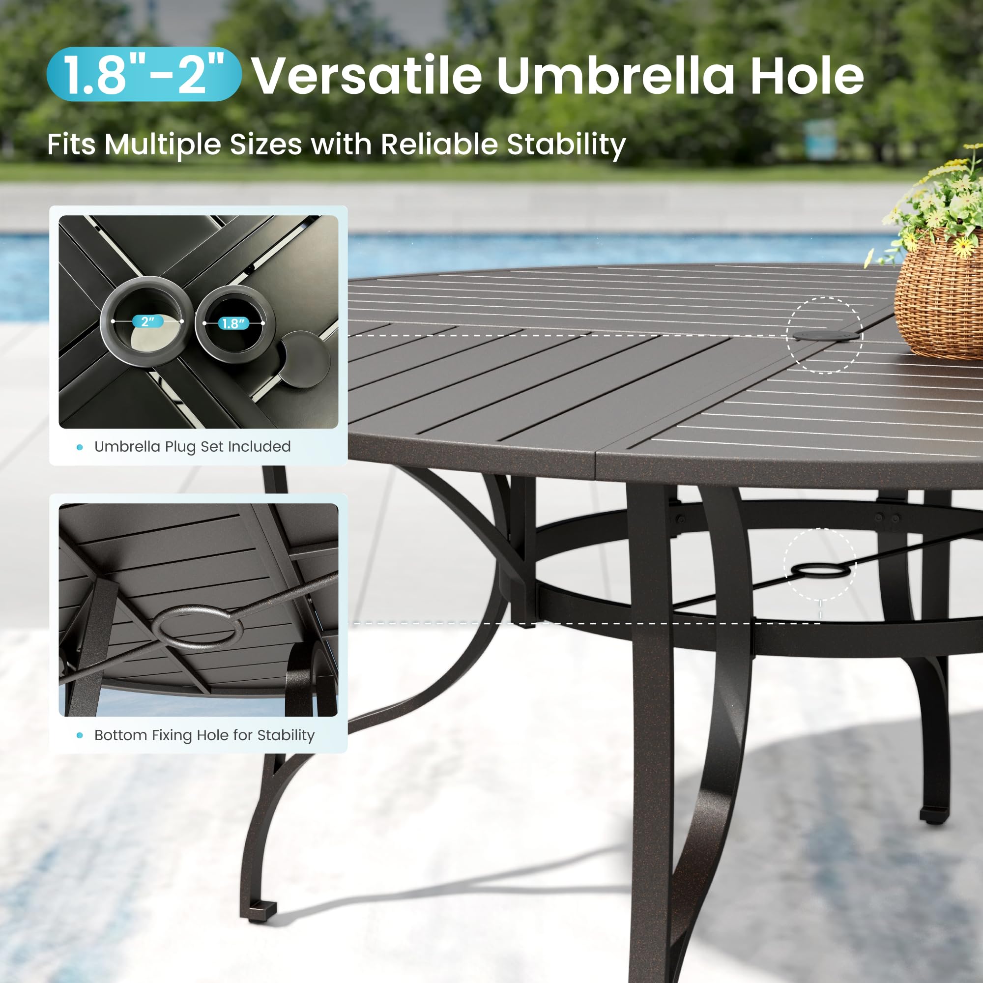 PHI VILLA 67" Outdoor Round Table for 8, Large Metal Wrought Iron Patio Dining Table with Umbrella Hole, All Weather Furniture for Outside Deck, Yard, Porch - Black