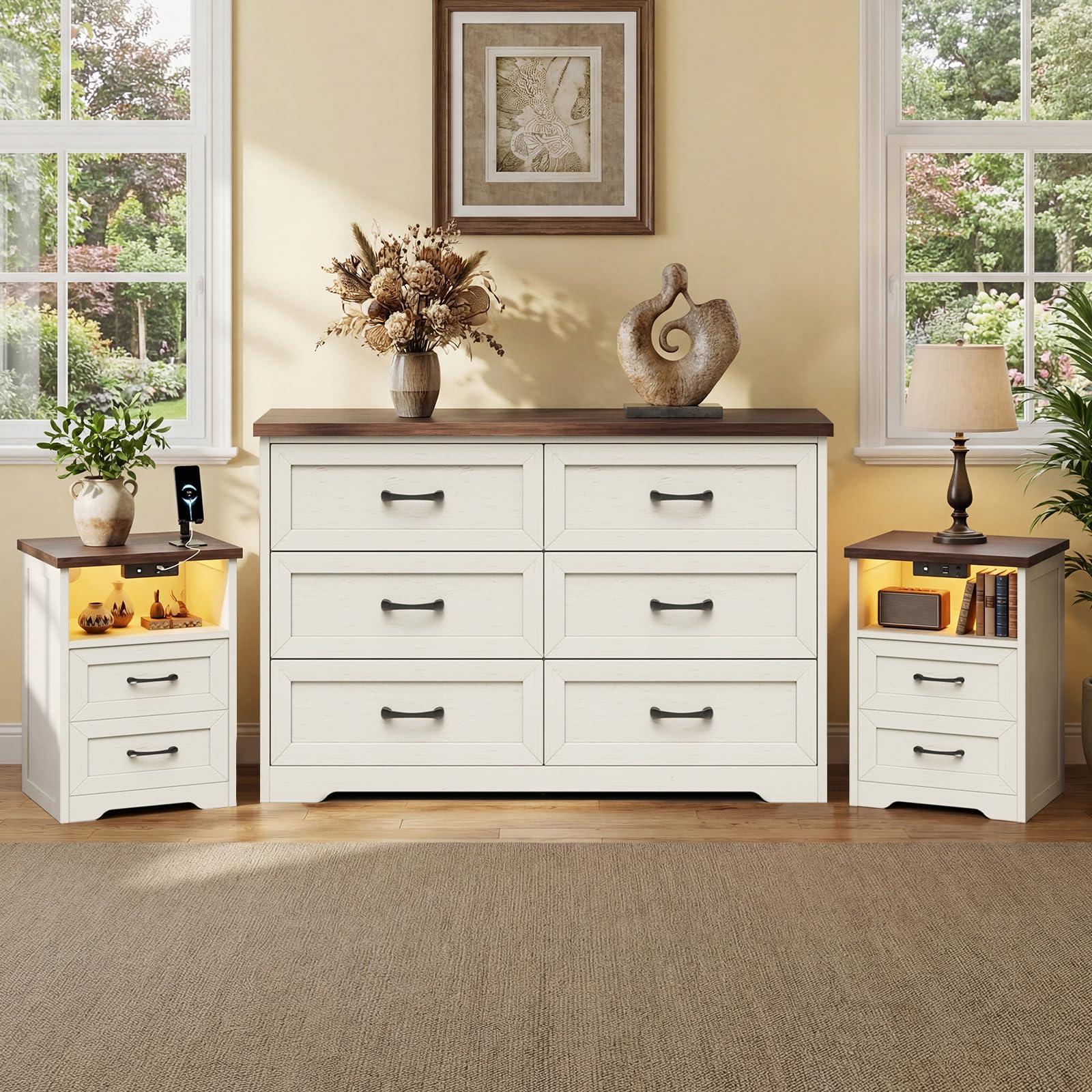 AODK 3-Piece Bedroom Set – 47" Wide 6-Drawer Dresser + 2 Farmhouse Nightstands with 2 Drawers & Charging Station & RGB LED Lights – Engineered Wood, Anti-Tip Design, Rustic White & Dark Walnut