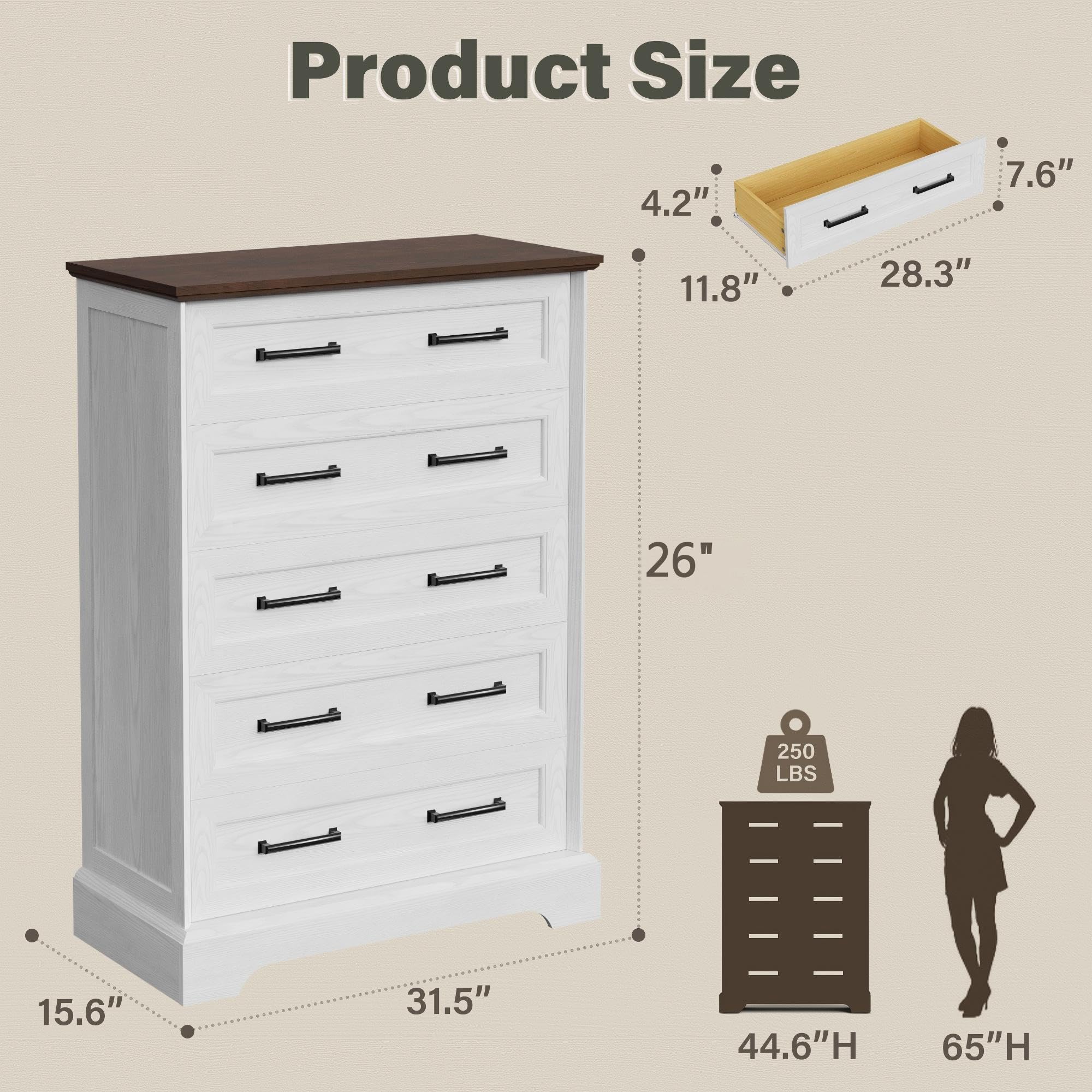 YESHOMY Tall Dresser for Bedroom,Farmhouse 5 Drawers Dresser, Chest of Drawer Chest, Multi-Tier Clothing Storage Cabinet, White and Brown