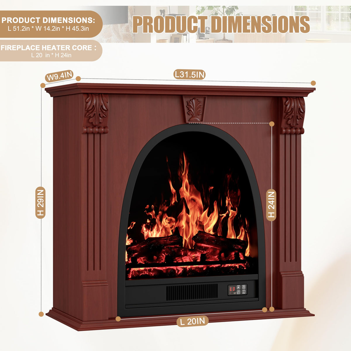 RECHHX Electric Fireplace with Mantel, Walnut Egg-Shaped Fireplace TV Stand