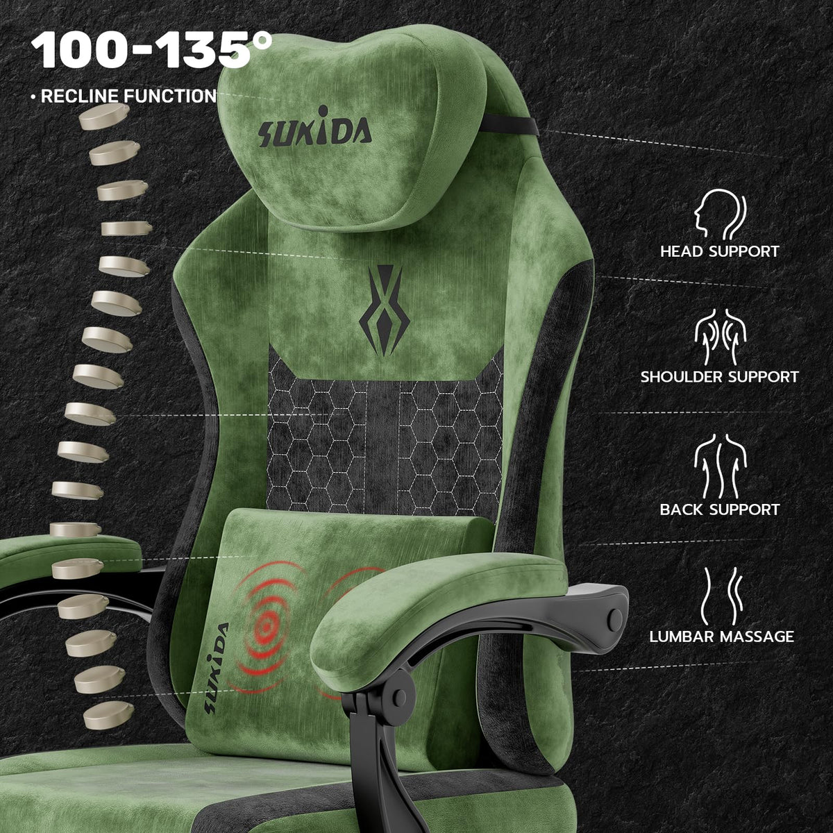 Green Fabric Gaming Chair with Footrest