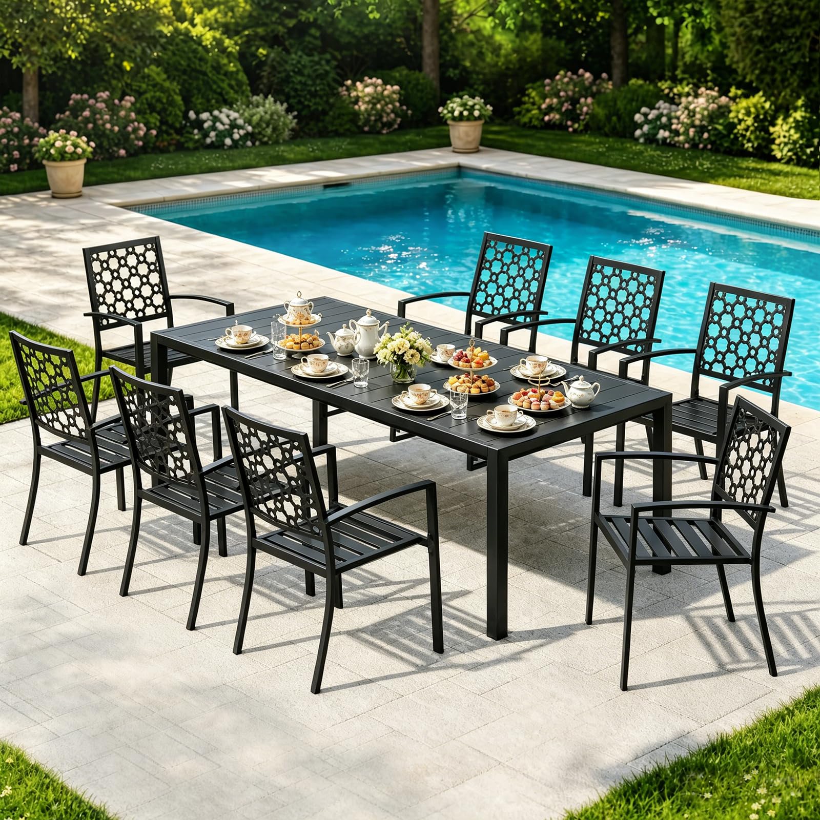 MEOOEM Expandable Patio Dining Table for 8, 78.8" Large Long Adjustable Rectangular Outdoor Table for 4-8 Person, 500LBS Sturdy Black Metal Extendable Patio Table for Outside,Garden, Lawn, Backyard