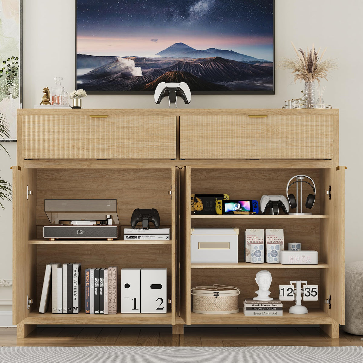 ANYMAPLE 55" Buffet Sideboard Cabinet with Storage Drawers, Fluted Credenza Storage Cabinet with Adjustable Shelf & Doors, Coffee Bar Station for Hallway