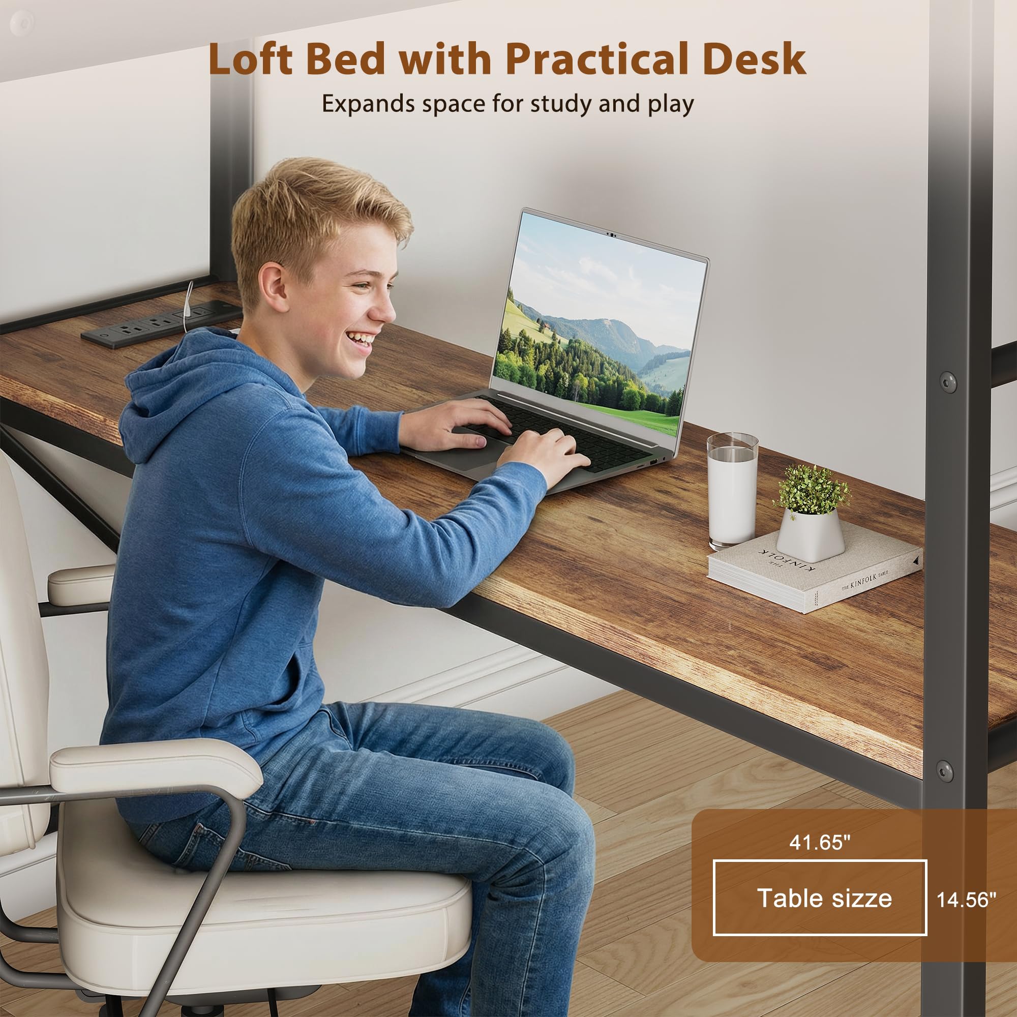 Twin Loft Bed with Desk and 8 Storage Drawers, Metal Loft Bed Twin Size with LED Lights & Charging Station, Bed Frame with Hanging Rod, Safety Guardrail & Ladder, for Kids & Teens (Rustic Brown)