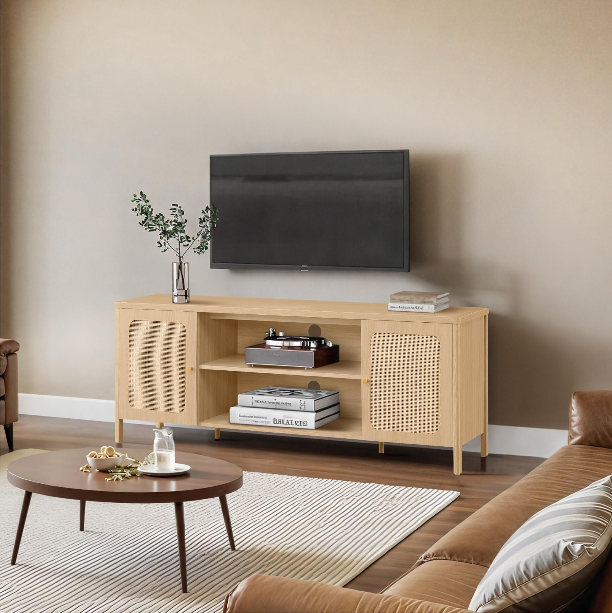 Boho Rattan TV Stand with Storage Cabinets