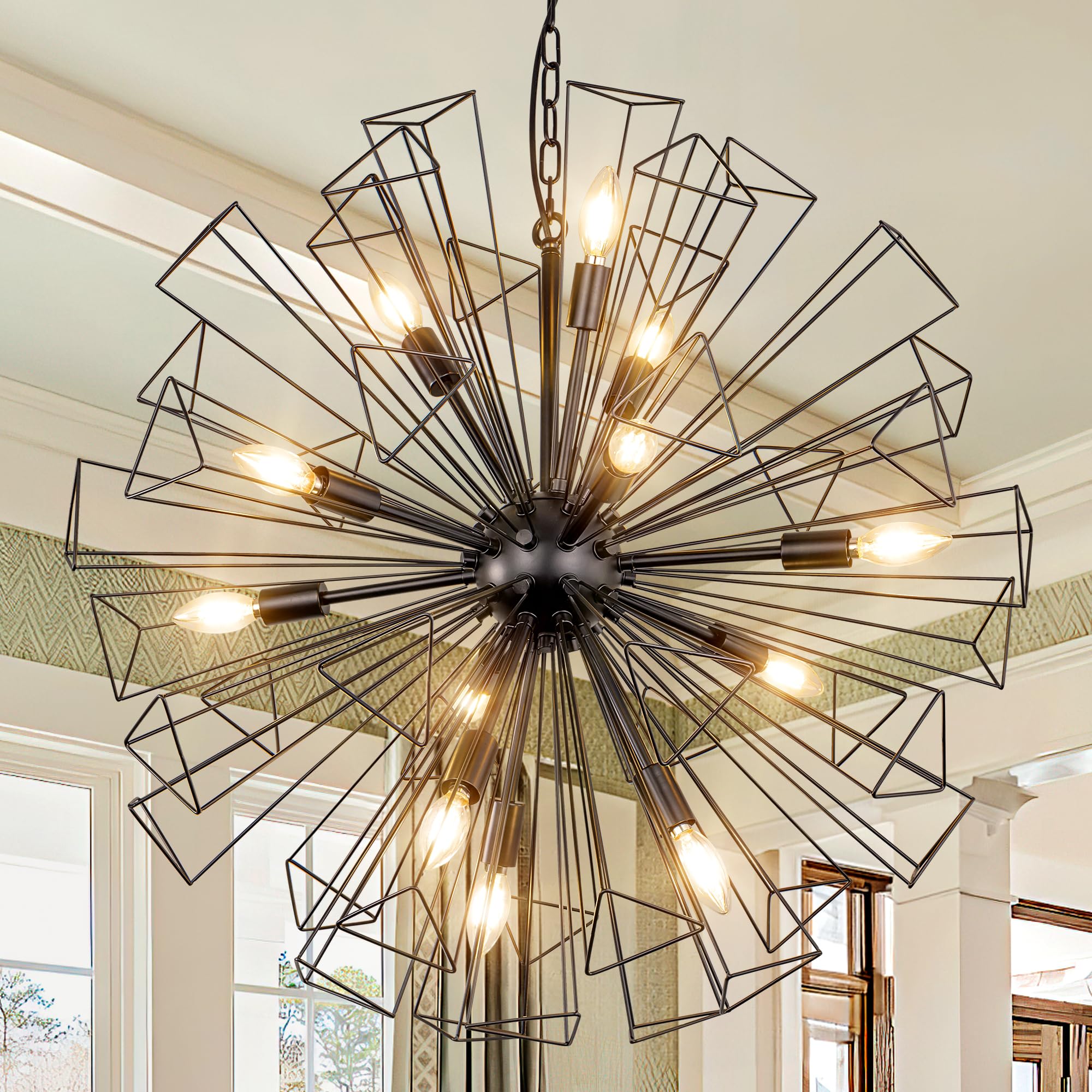Wellmet Black Sputnik Chandelier, Modern Black Pendant Light, 12-Light Geometric Lighting Fixture, for Living Room, Bedroom, Dining Room, Kitchen, Hallway, Office, Store, Café