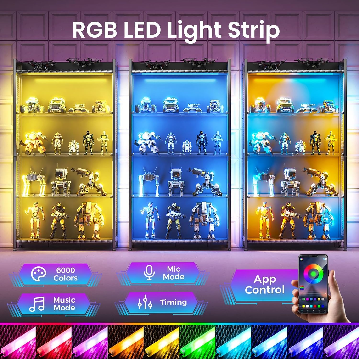 5-Shelf Display Cabinet with RGB LED Lights & Glass Shelves