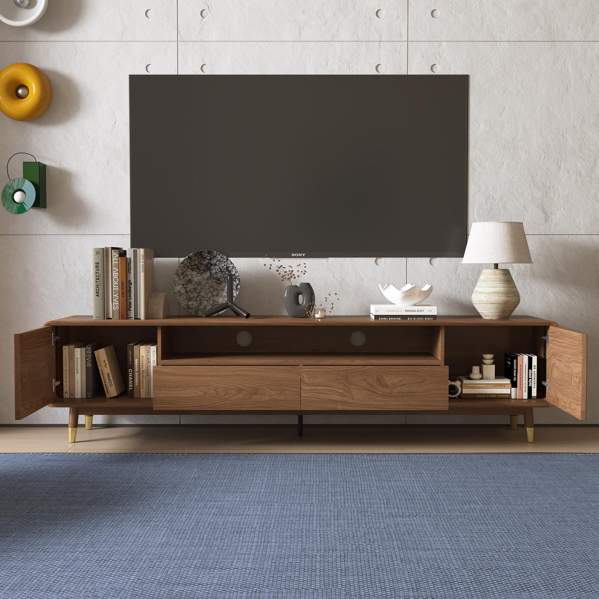 86.61" TV Stand for 85" TV, Media Console with Storage Drawers, Walnut
