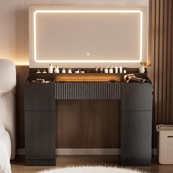 44" Glass Top Makeup Vanity Desk with Mirror & LED Lights
