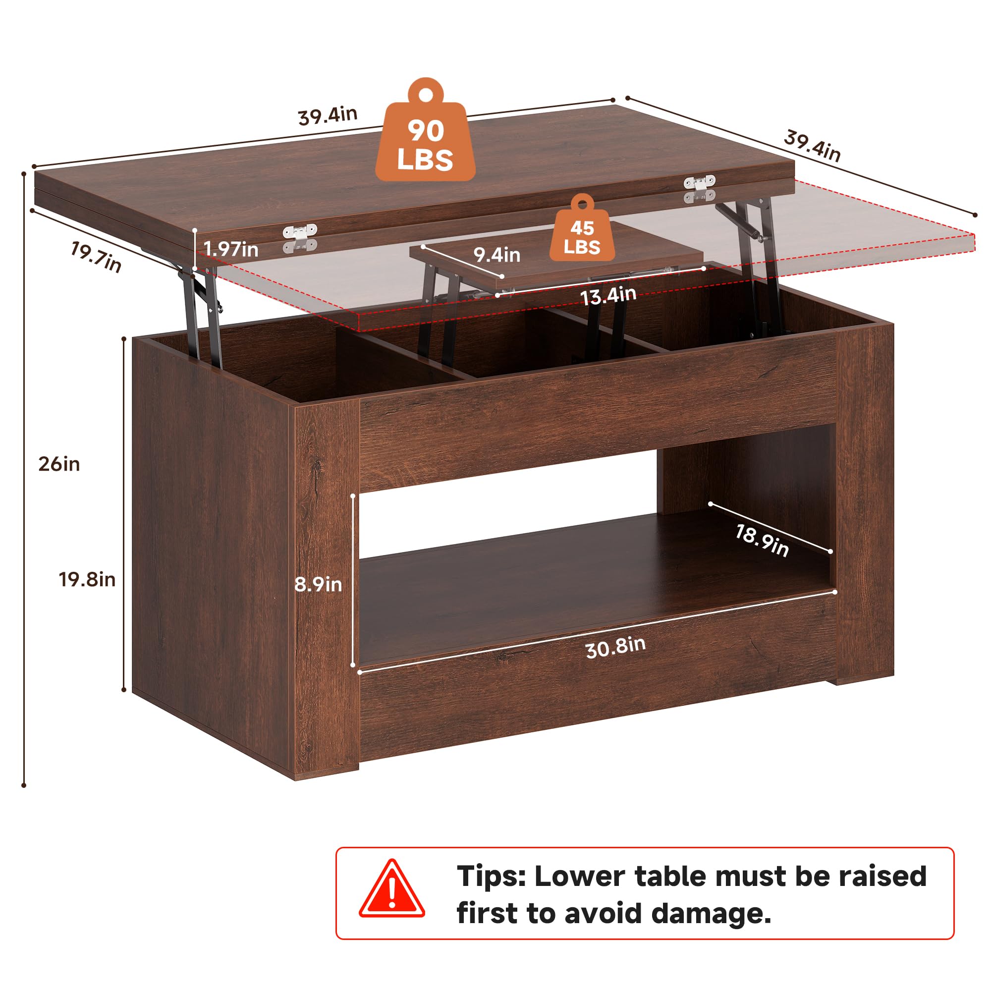 UNIQUITE 40" Lift Top Coffee Table, 4 in 1 Multi-Function Lift Coffee Table with Storage and Hidden Compartment, Convertible Coffee Tables to Dining Table for Living Room, Walnut
